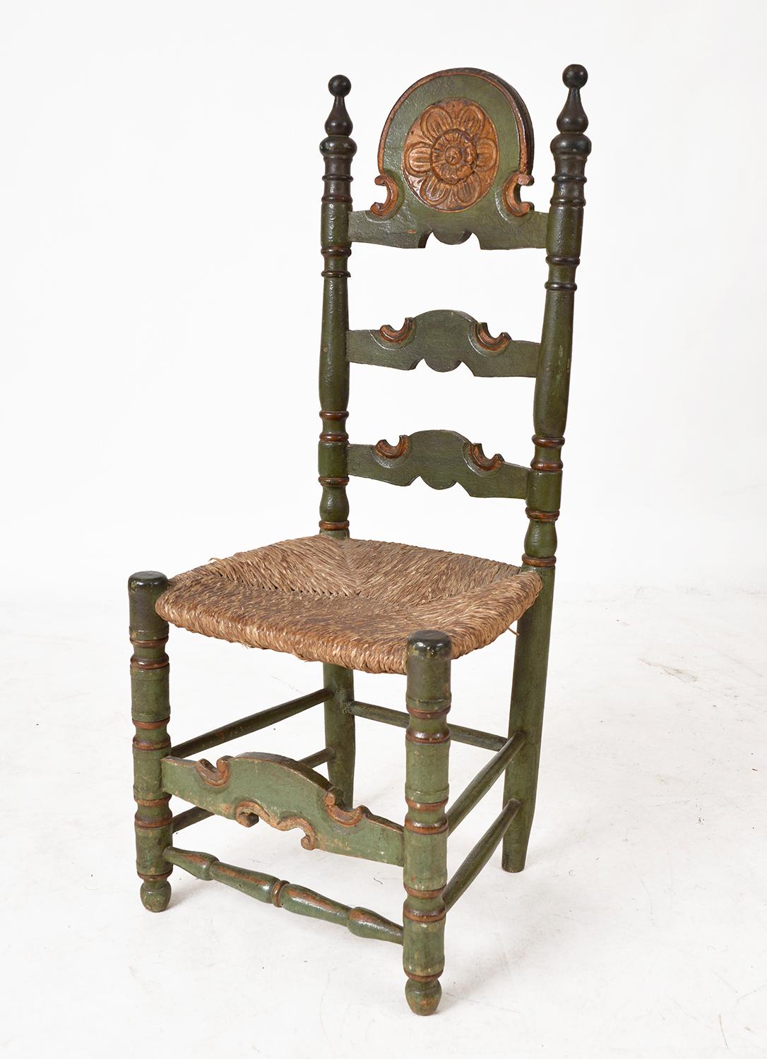 Rush Antique Set 4 Spanish Polychrome Dining Chairs Giltwood Green Painted Folk Art For Sale