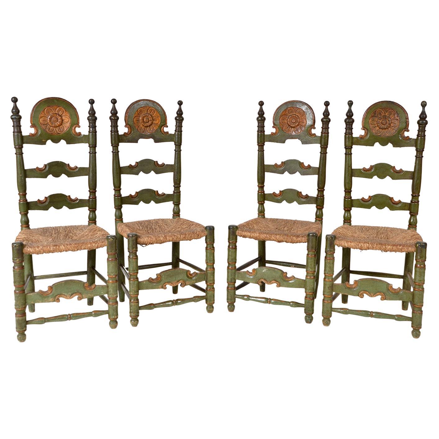 Antique Set 4 Spanish Polychrome Dining Chairs Giltwood Green Painted Folk Art