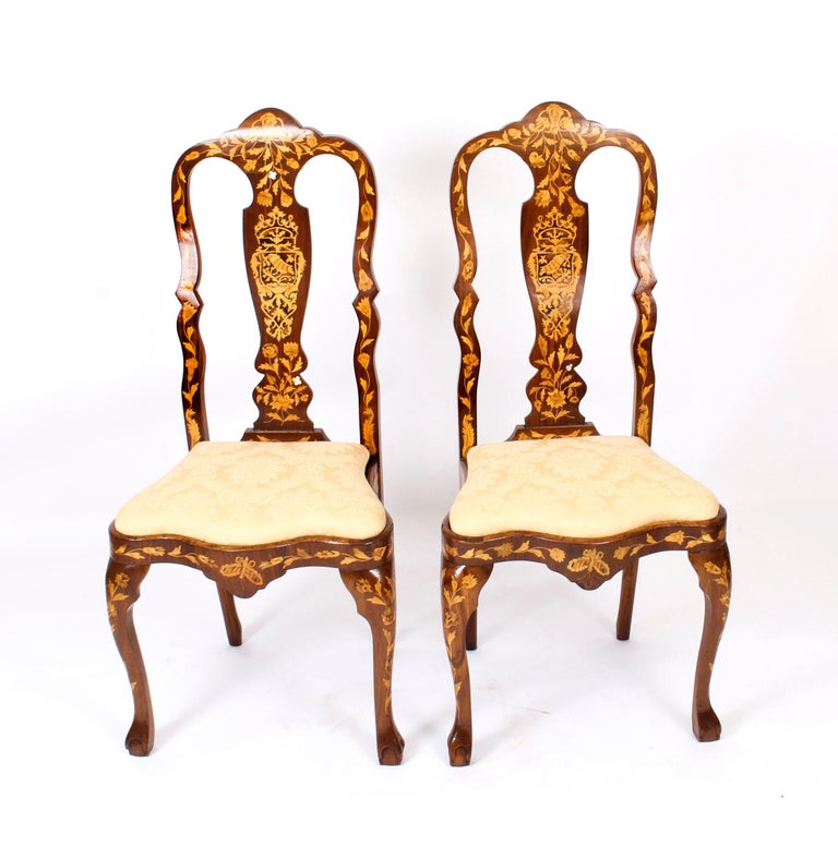 Antique Set 6 Dutch Marquetry Walnut High Back Dining Chairs, Late 18th