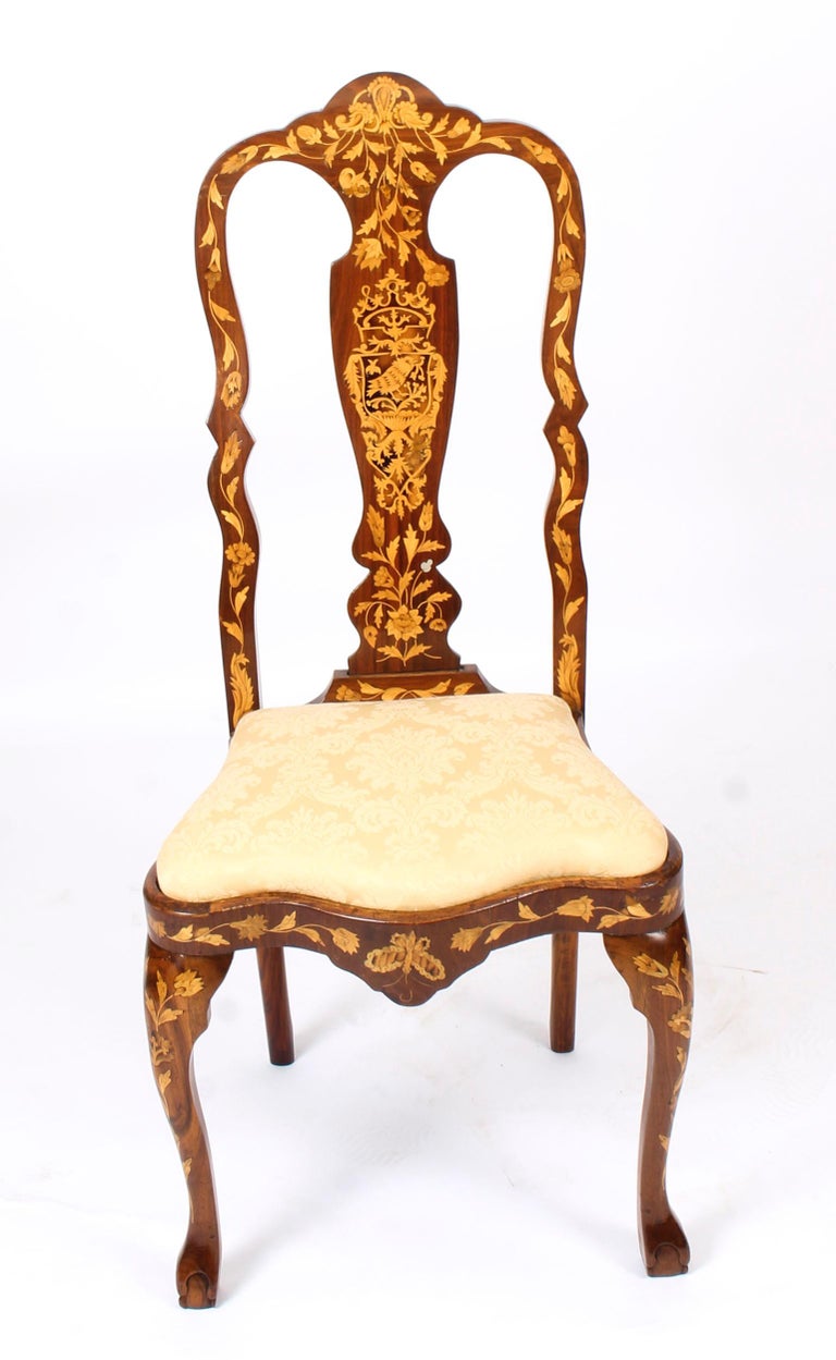 Antique Set 6 Dutch Marquetry Walnut High Back Dining Chairs, Late 18th