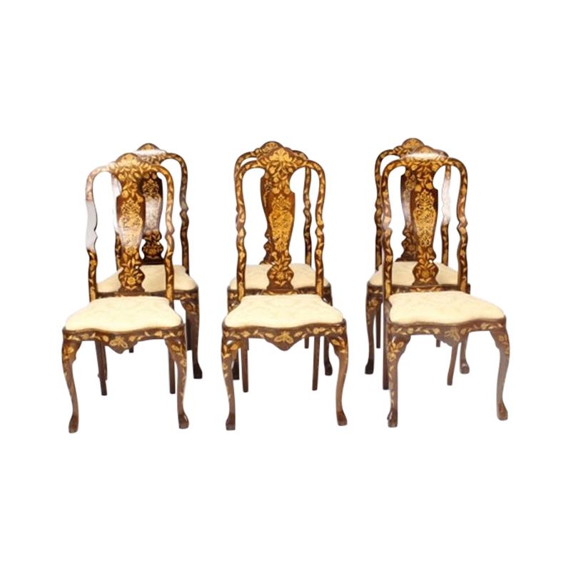 Antique Set 6 Dutch Marquetry Walnut High Back Dining Chairs, Late 18th Century