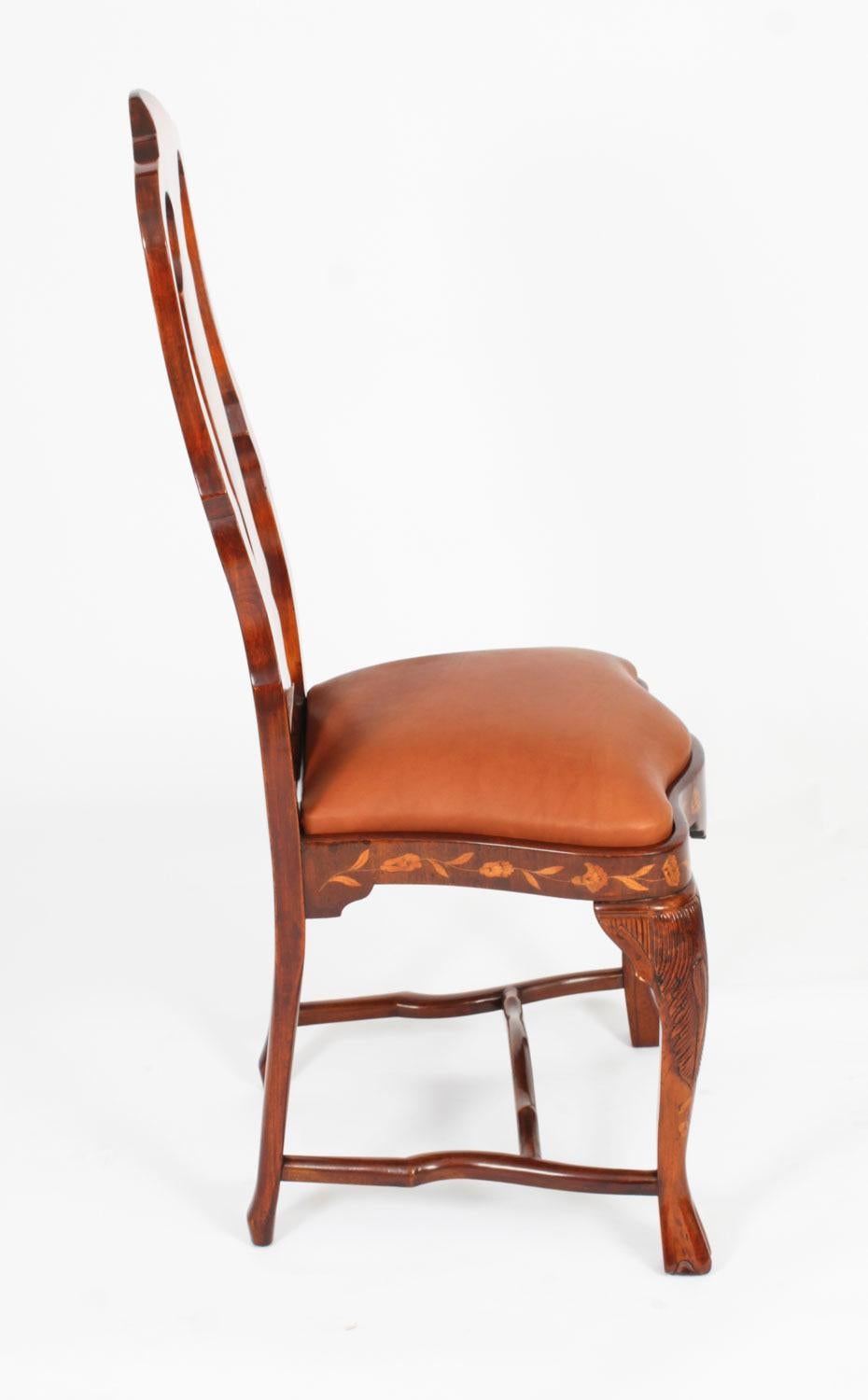 Antique Set 6 Dutch Marquetry Walnut High Back Dining Chairs Late 18th Century For Sale 8