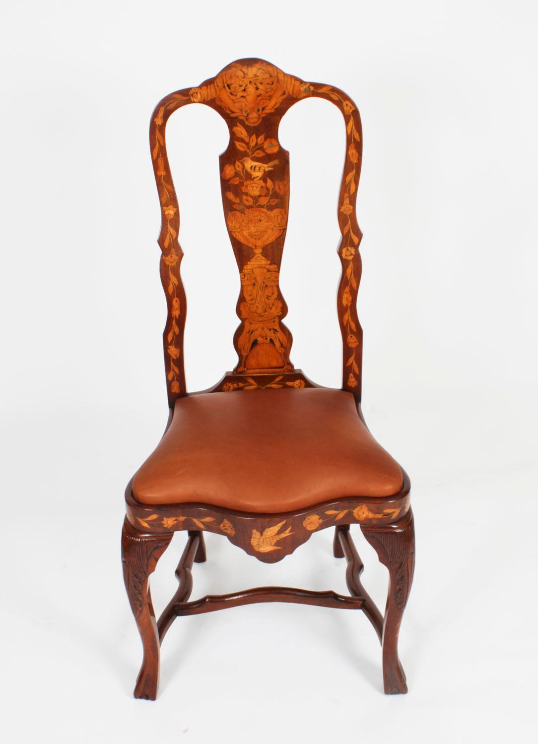 Antique Set 6 Dutch Marquetry Walnut High Back Dining Chairs Late 18th Century In Good Condition For Sale In London, GB