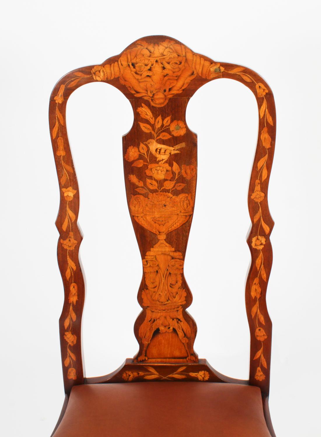 Leather Antique Set 6 Dutch Marquetry Walnut High Back Dining Chairs Late 18th Century For Sale