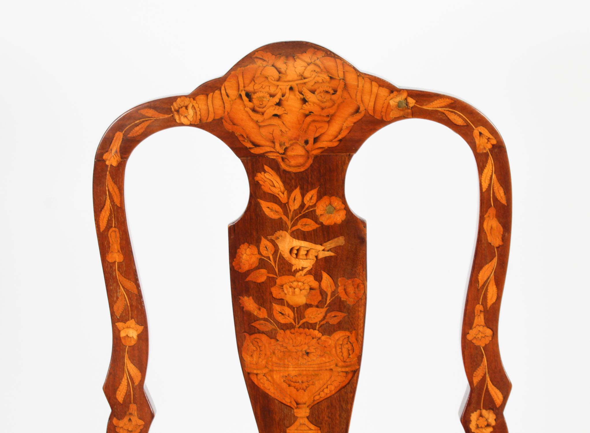Antique Set 6 Dutch Marquetry Walnut High Back Dining Chairs Late 18th Century For Sale 1