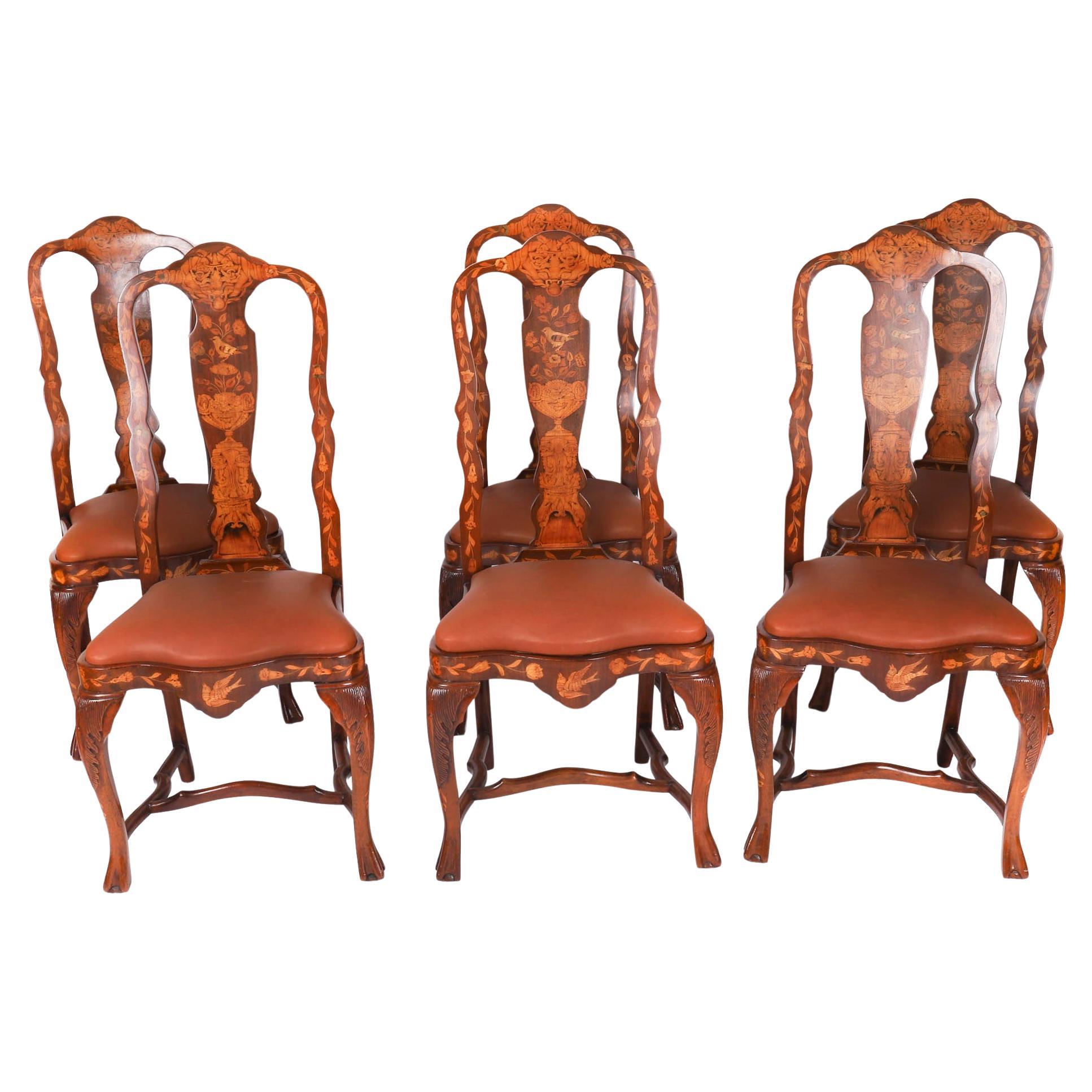 Antique Set 6 Dutch Marquetry Walnut High Back Dining Chairs Late 18th Century For Sale