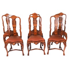 Antique Set 6 Dutch Marquetry Walnut High Back Dining Chairs Late 18th Century