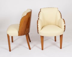 Antique Set 8 Art Deco Burr Walnut Cream Leather Cloud Back Chairs 20th Century