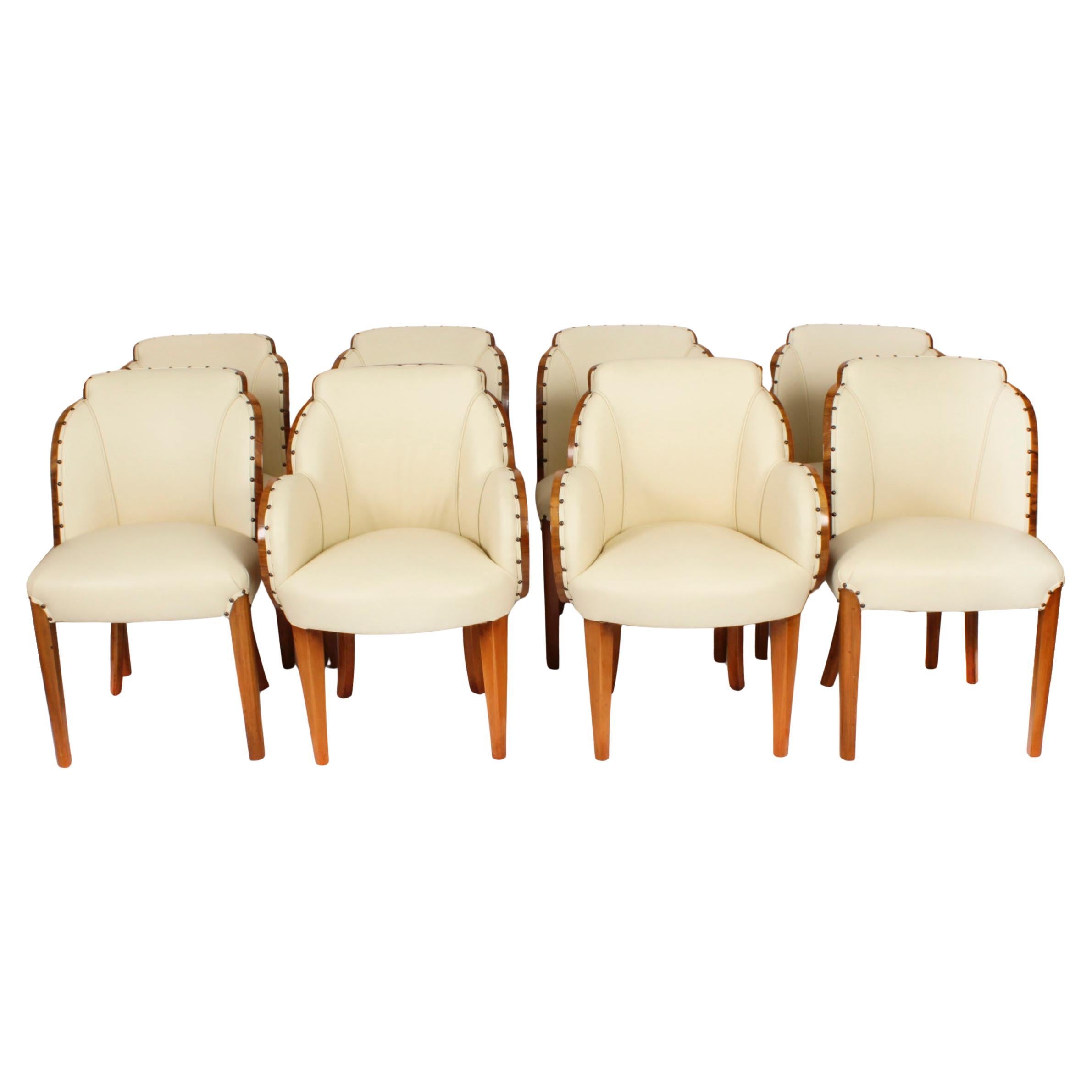 Set antico di 8 sedie Art Deco in radica di noce crema con schienale a nuvola del XX secolo