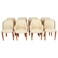 Antique Set 8 Art Deco Burr Walnut Cream Leather Cloud Back Chairs 20th Century