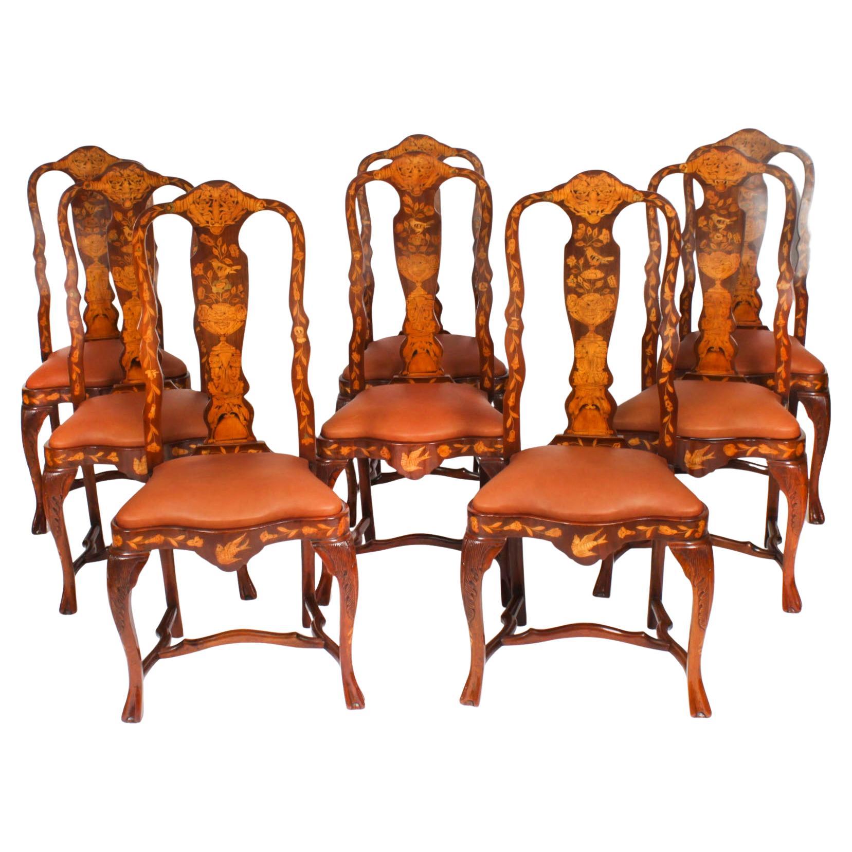 Antique Set 8 Dutch Marquetry Walnut High Back Dining Chairs Late 18th Century