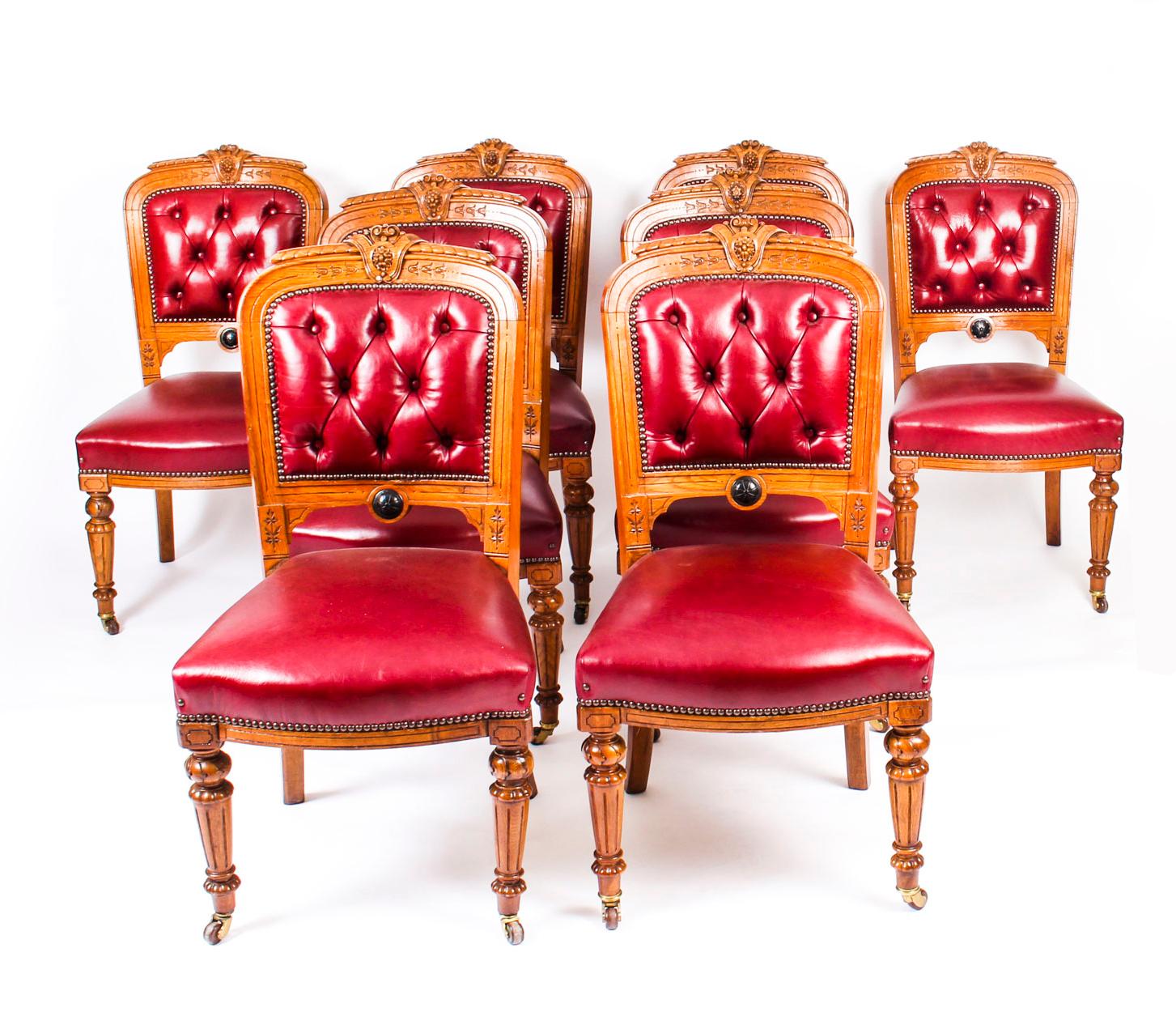 Antique Set 8 English Carved Oak Leather Upholstered Dining Chairs 19th Century 9