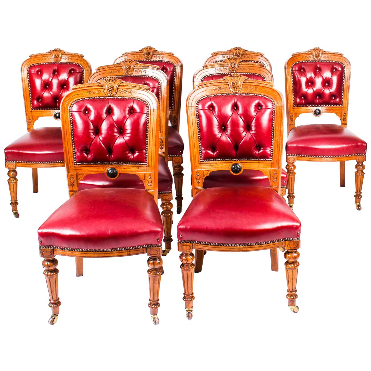 Antique Set 8 English Carved Oak Leather Upholstered Dining Chairs 19th Century