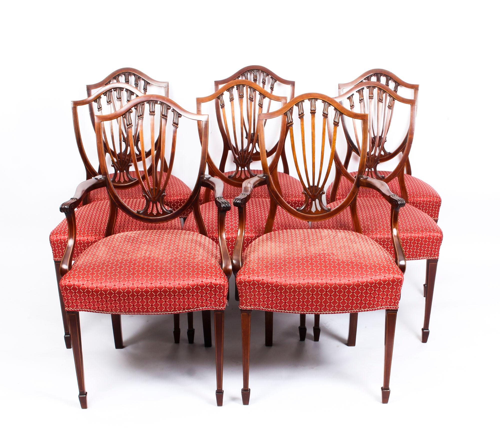 Antique Set 8 English Mahogany Hepplewhite Inlaid Dining Chairs, 19th Century 12