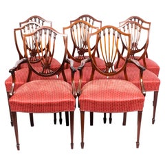 Antique Set 8 English Mahogany Hepplewhite Inlaid Dining Chairs, 19th Century