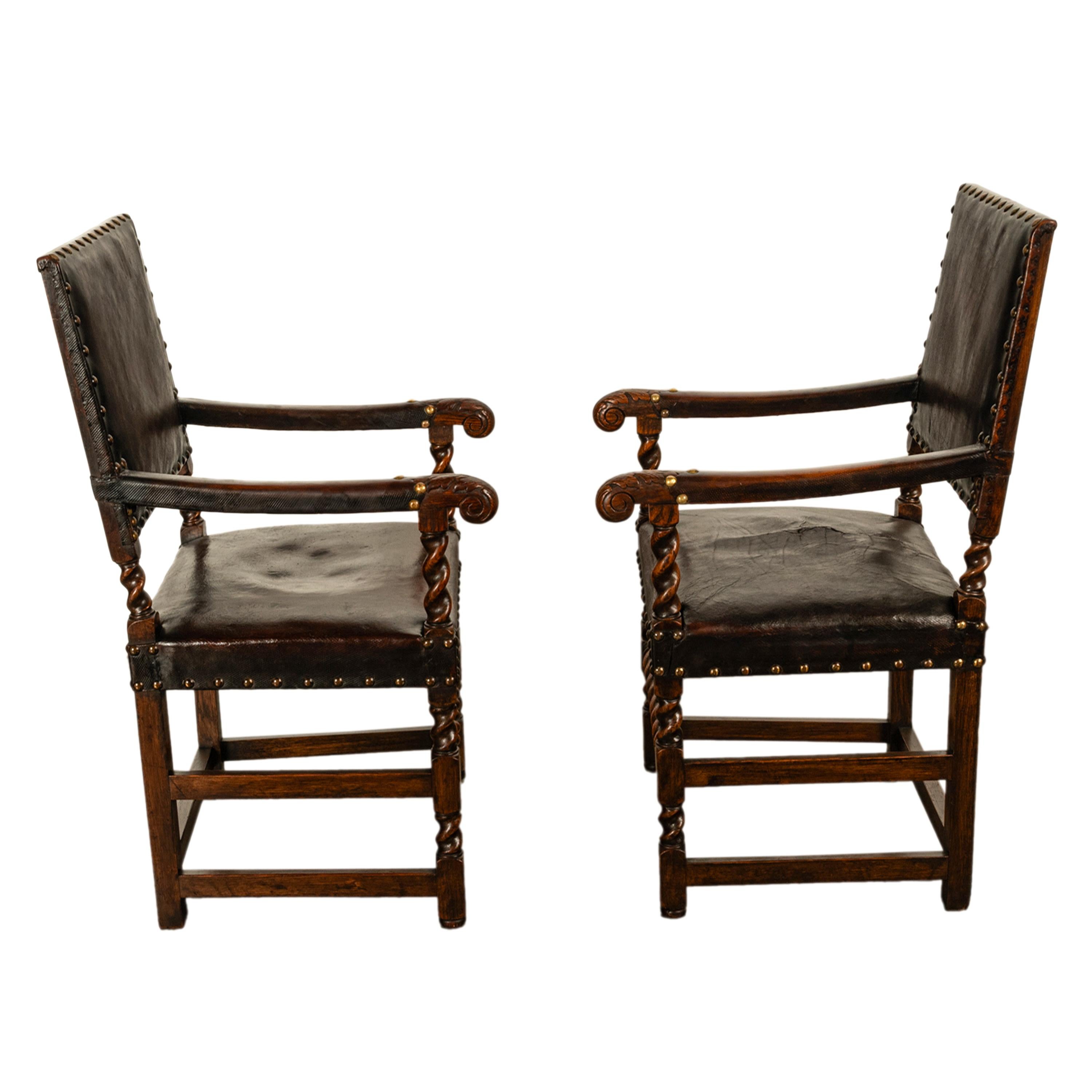 Antique Set 8 English Oak & Leather Barley Twist Baroque Dining Arm Chairs 1880 5