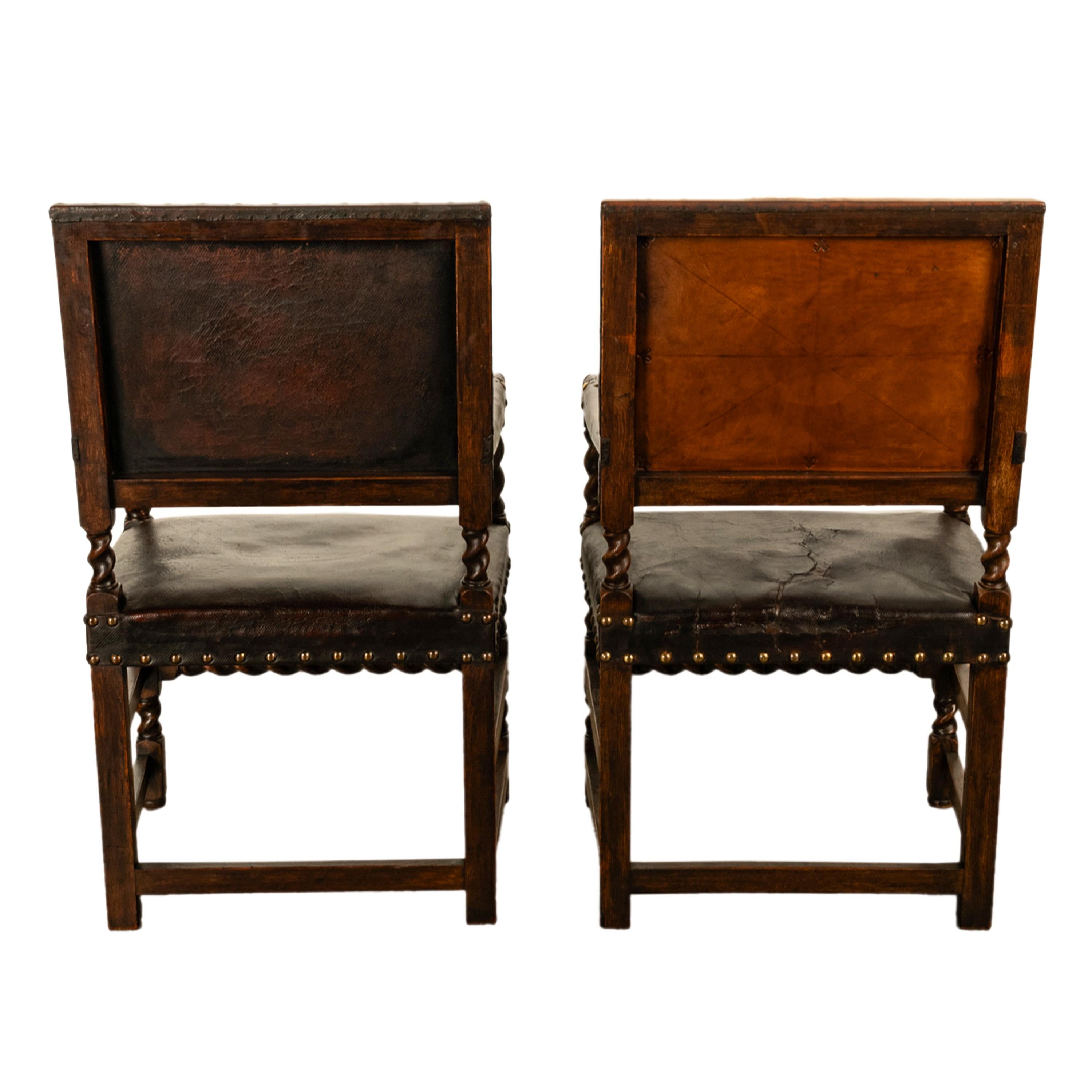 Antique Set 8 English Oak & Leather Barley Twist Baroque Dining Arm Chairs 1880 6