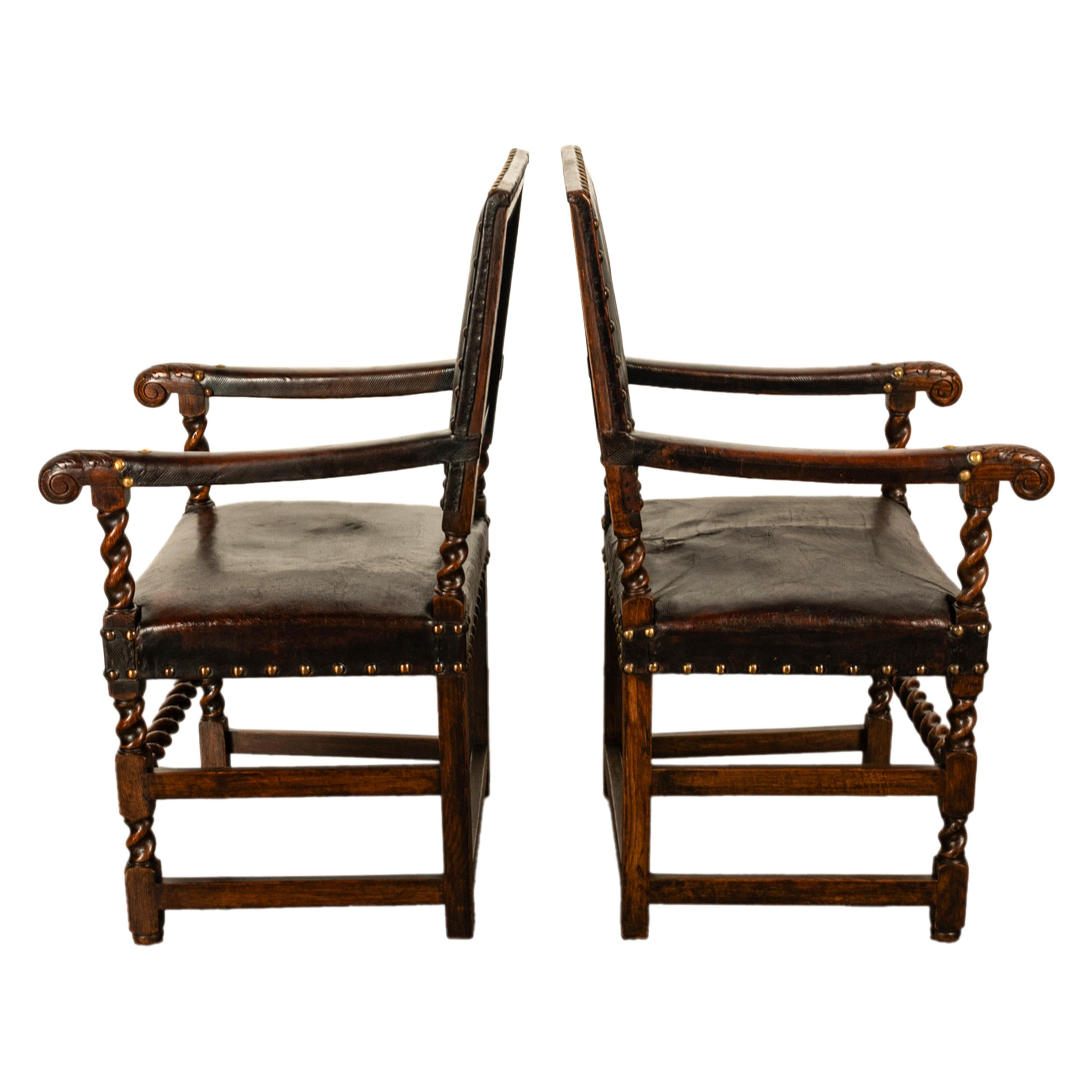 Antique Set 8 English Oak & Leather Barley Twist Baroque Dining Arm Chairs 1880 7