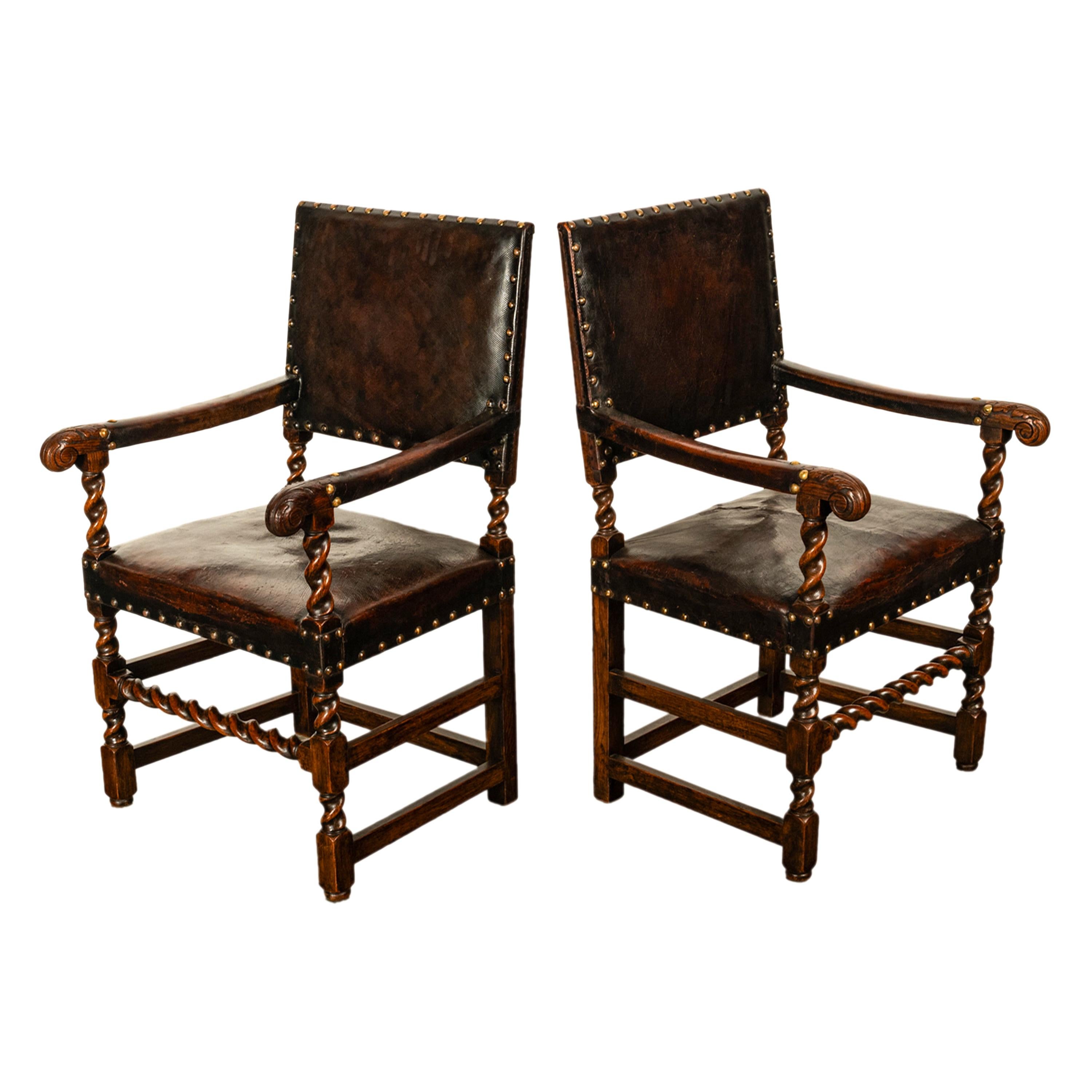 Antique Set 8 English Oak & Leather Barley Twist Baroque Dining Arm Chairs 1880 8
