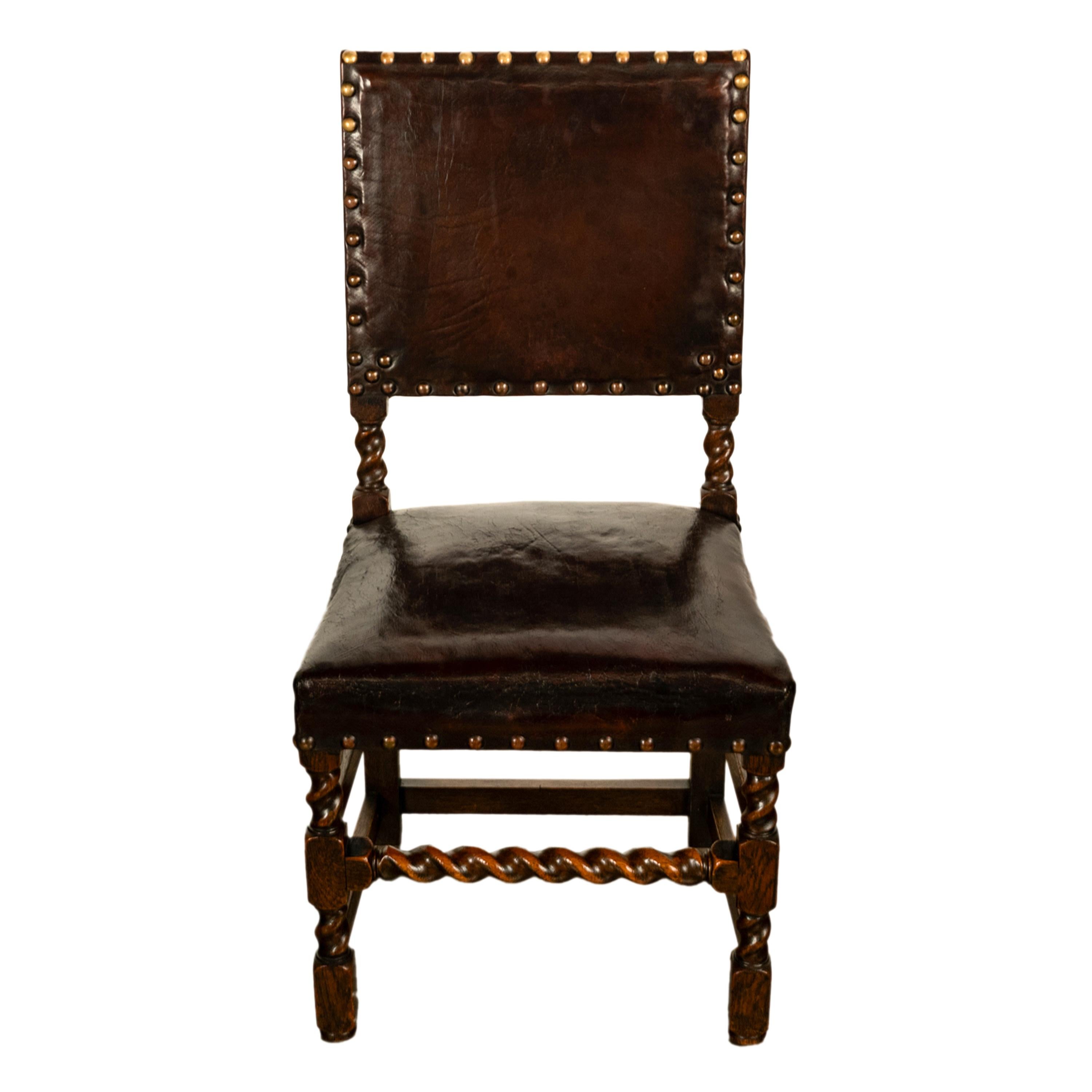 Antique Set 8 English Oak & Leather Barley Twist Baroque Dining Arm Chairs 1880 9