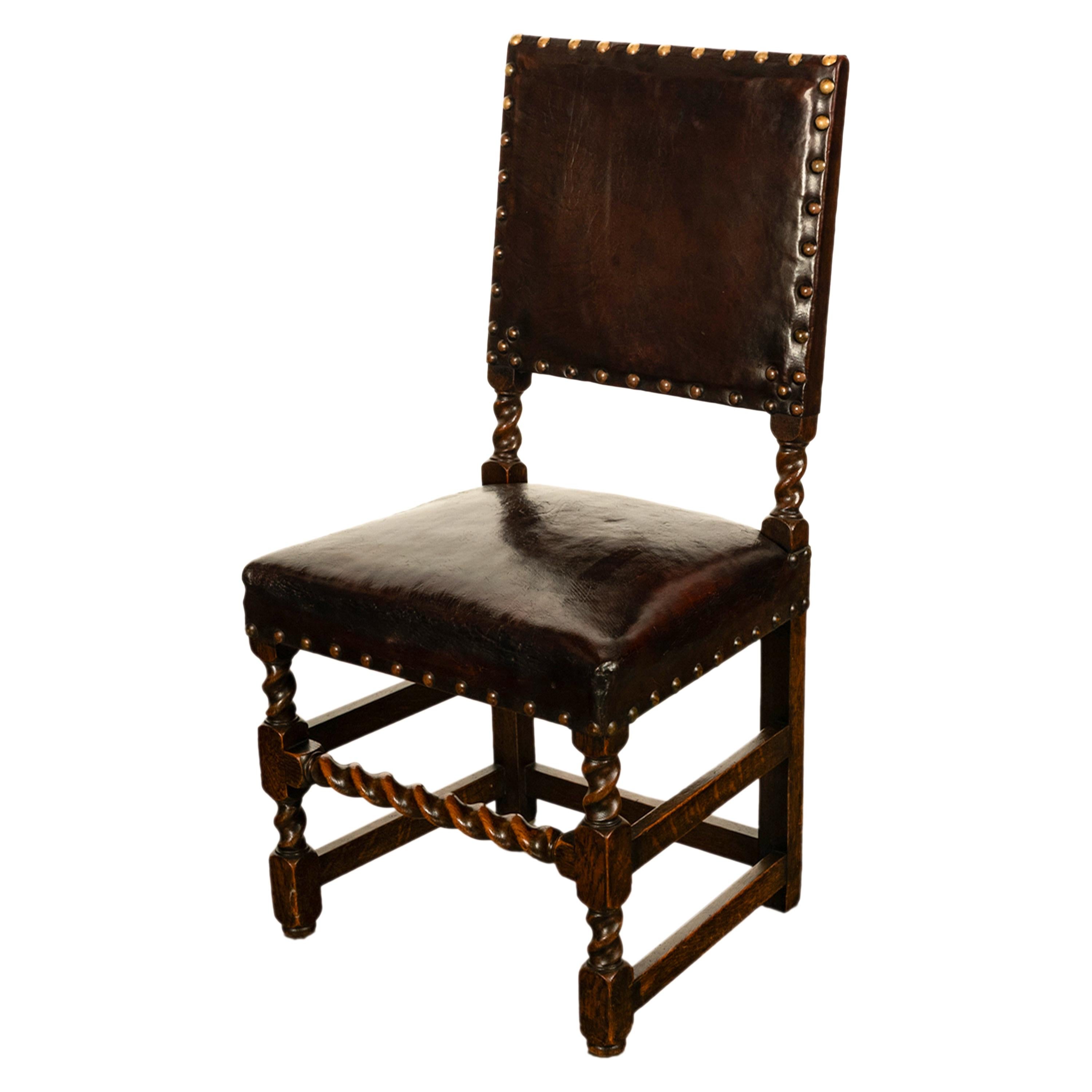 Antique Set 8 English Oak & Leather Barley Twist Baroque Dining Arm Chairs 1880 10