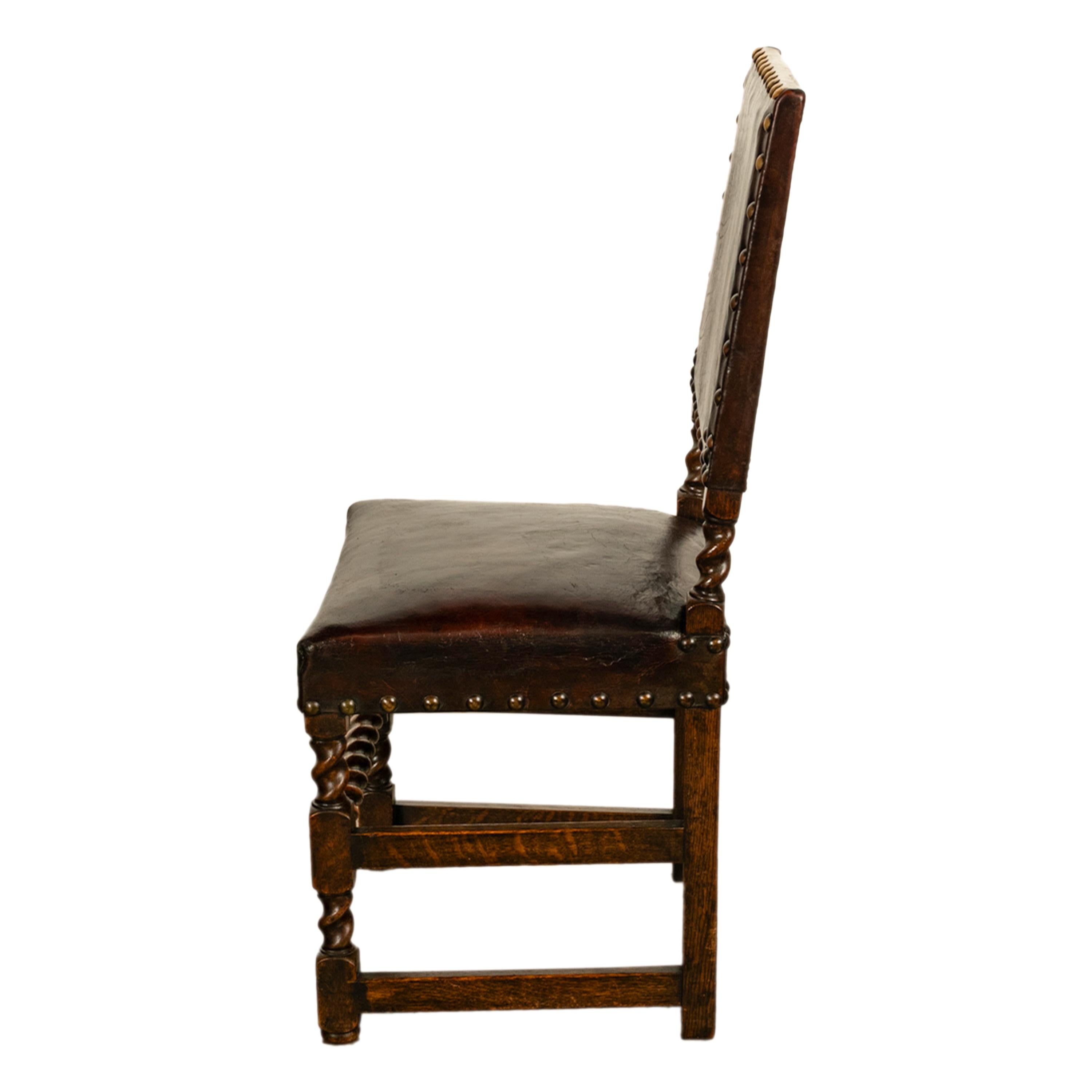 Antique Set 8 English Oak & Leather Barley Twist Baroque Dining Arm Chairs 1880 11