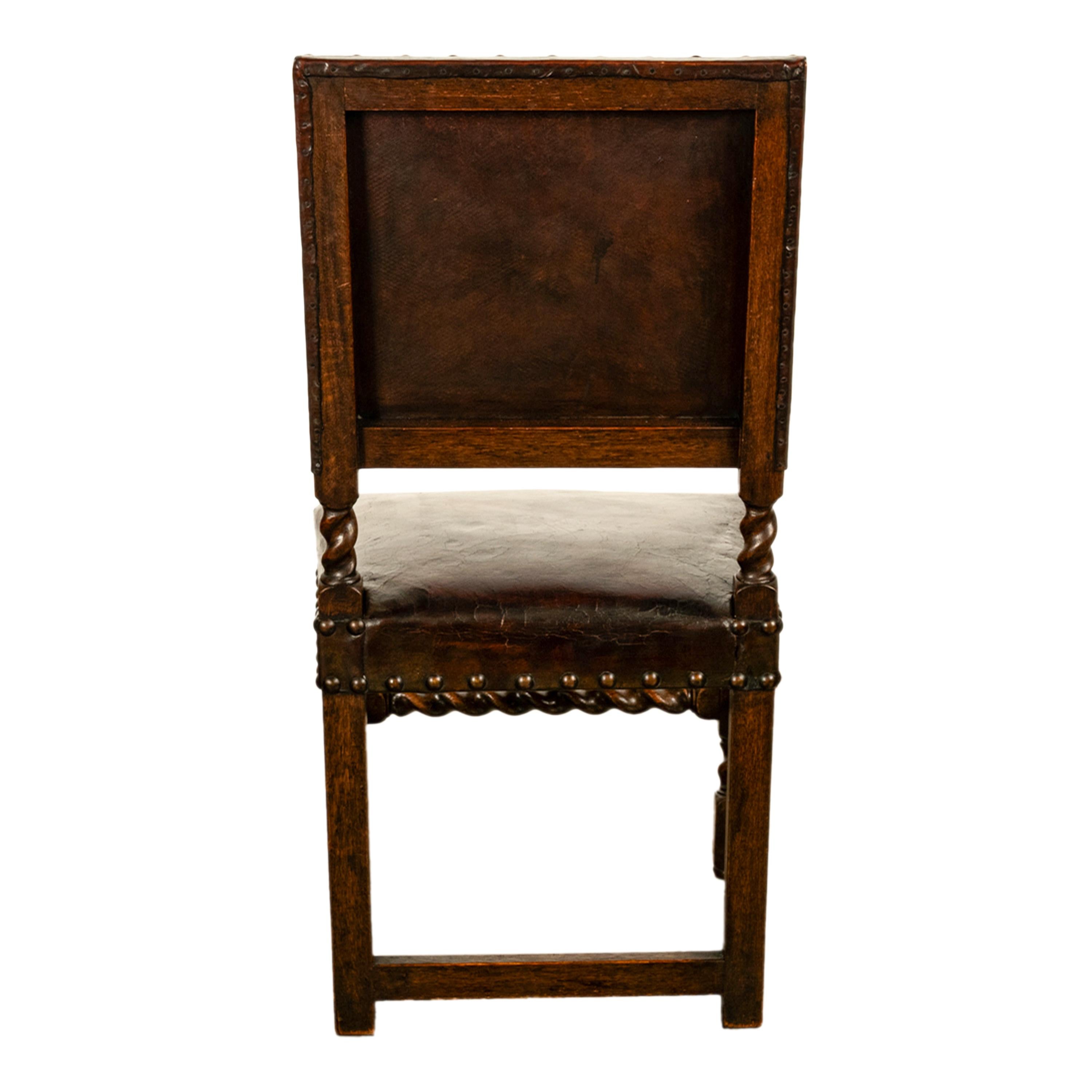 Antique Set 8 English Oak & Leather Barley Twist Baroque Dining Arm Chairs 1880 12