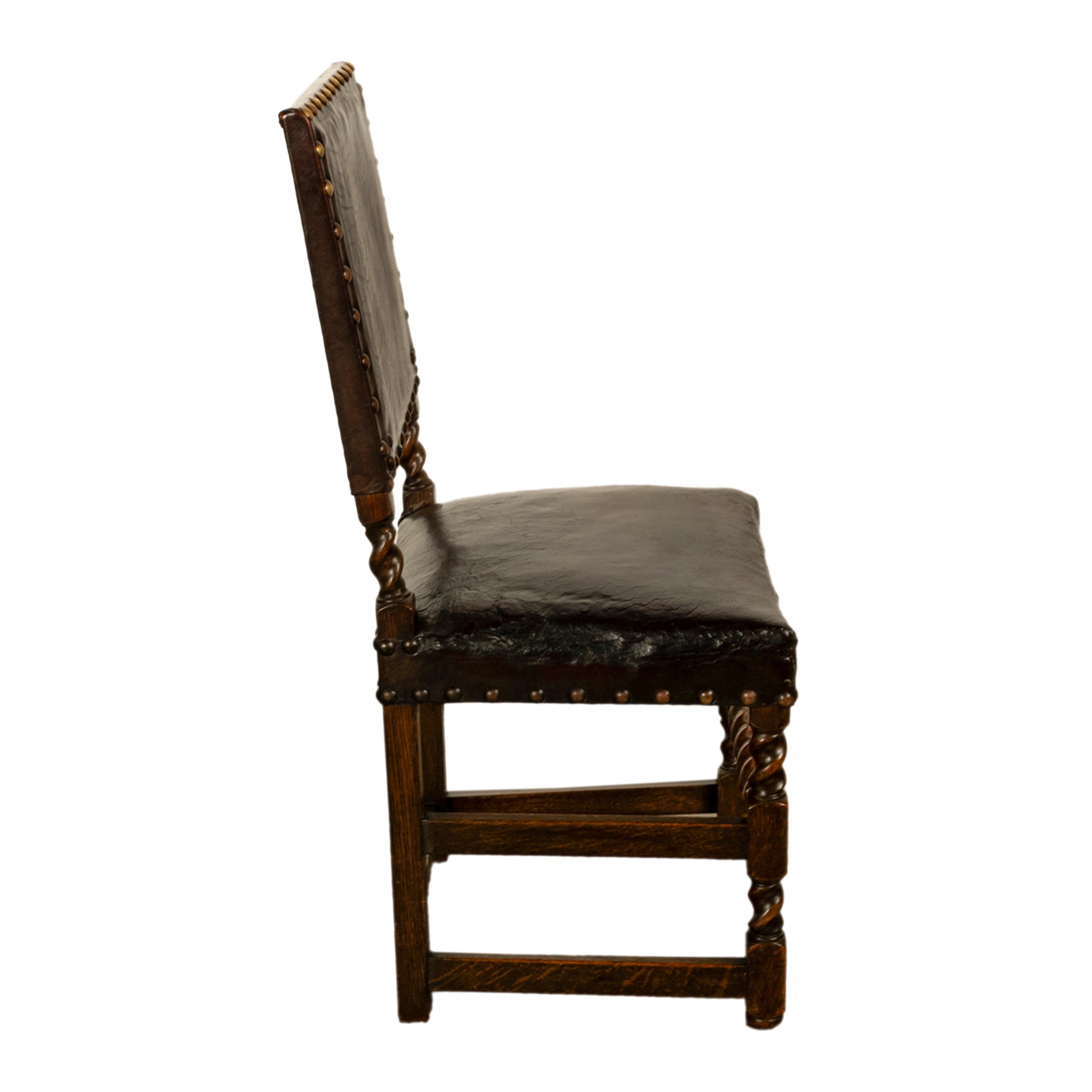 Antique Set 8 English Oak & Leather Barley Twist Baroque Dining Arm Chairs 1880 13