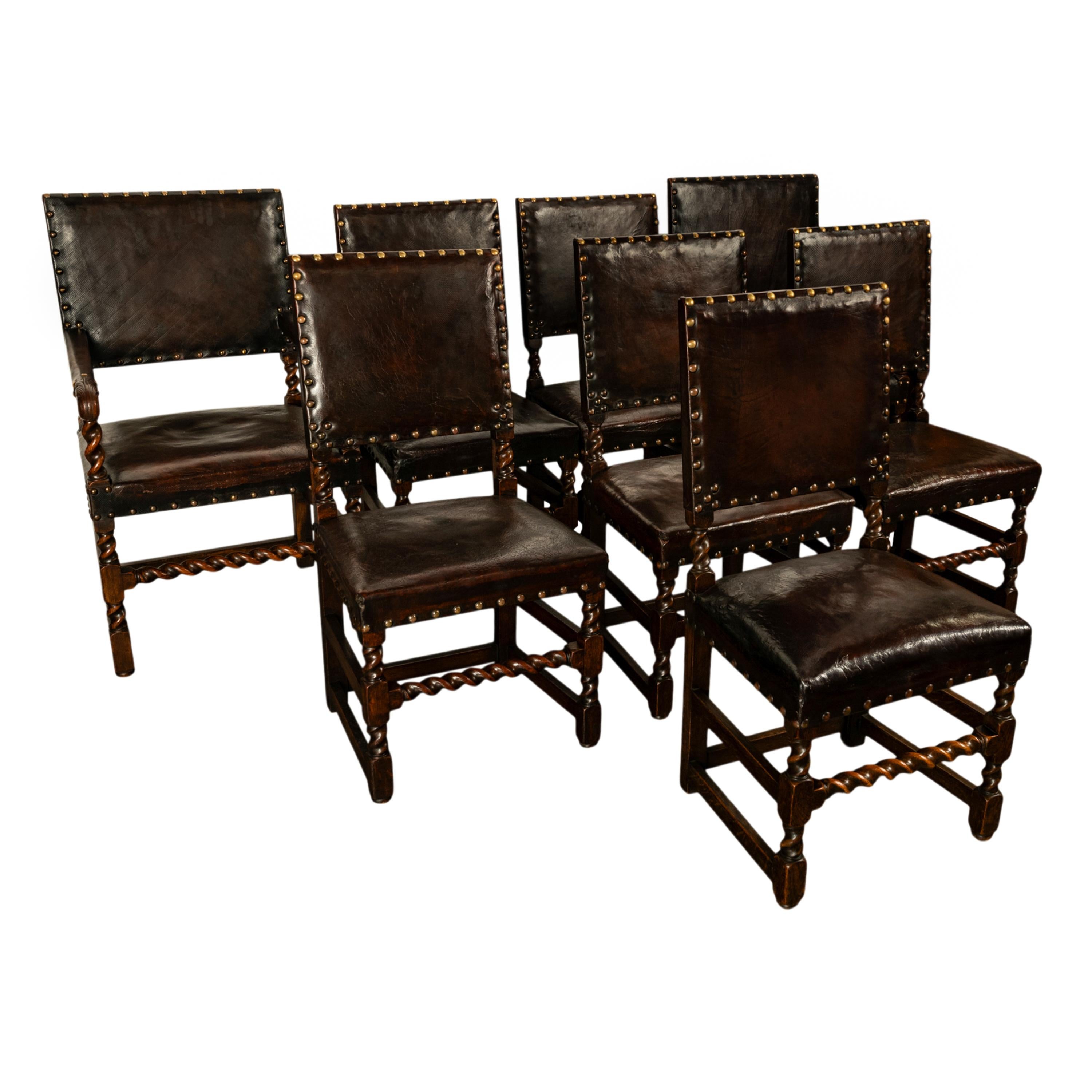 A fine set of eight oak and leather Baroque Revival dining chairs, circa 1880.
A substantial set of chairs possessing the original dark red leather backs & seats, the leather has just been professionally conserved, repaired & repolished by an expert