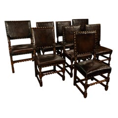 Antico set di 8 poltrone da pranzo barocche in Oak e pelle 1880