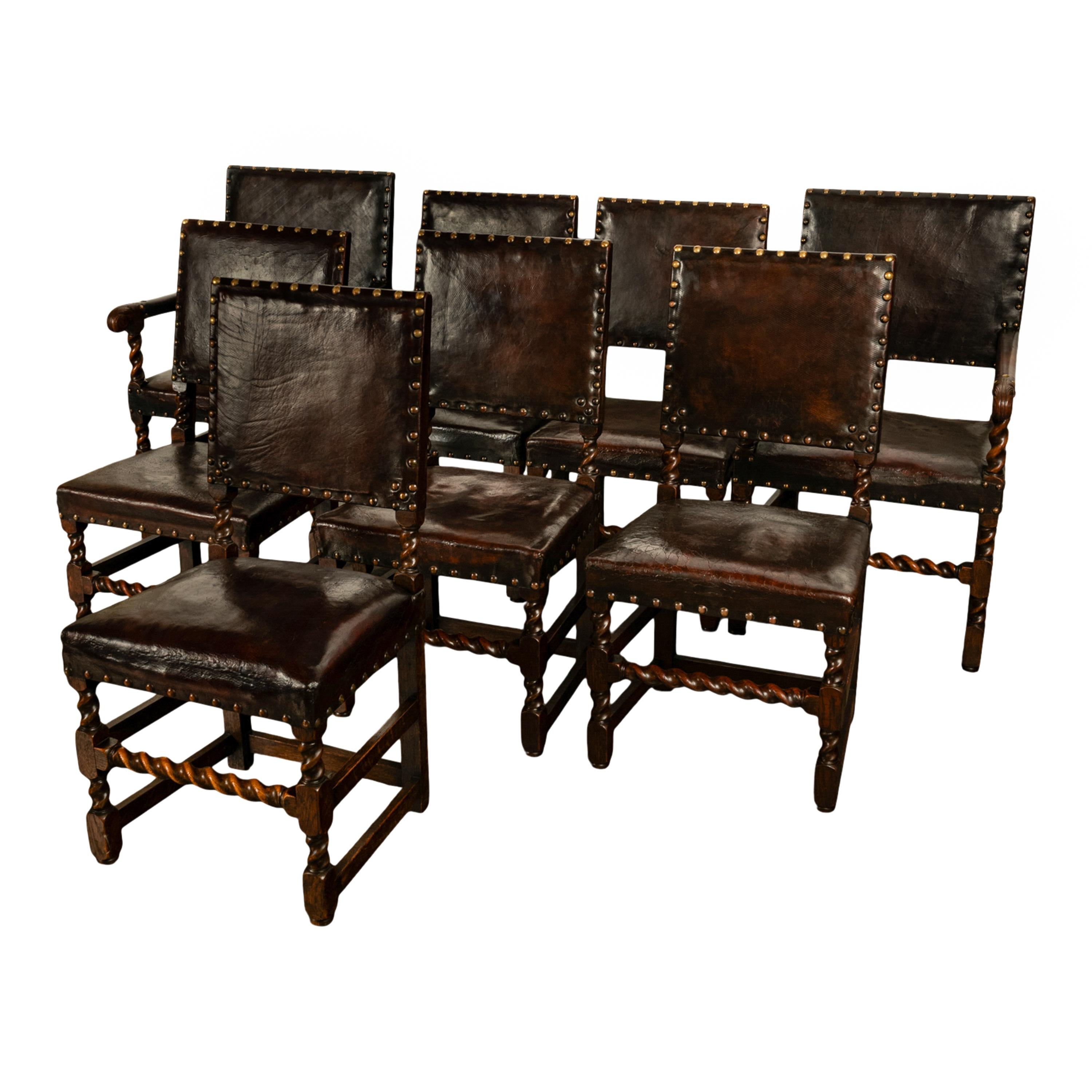 Baroque Revival Antique Set 8 English Oak & Leather Barley Twist Baroque Dining Arm Chairs 1880