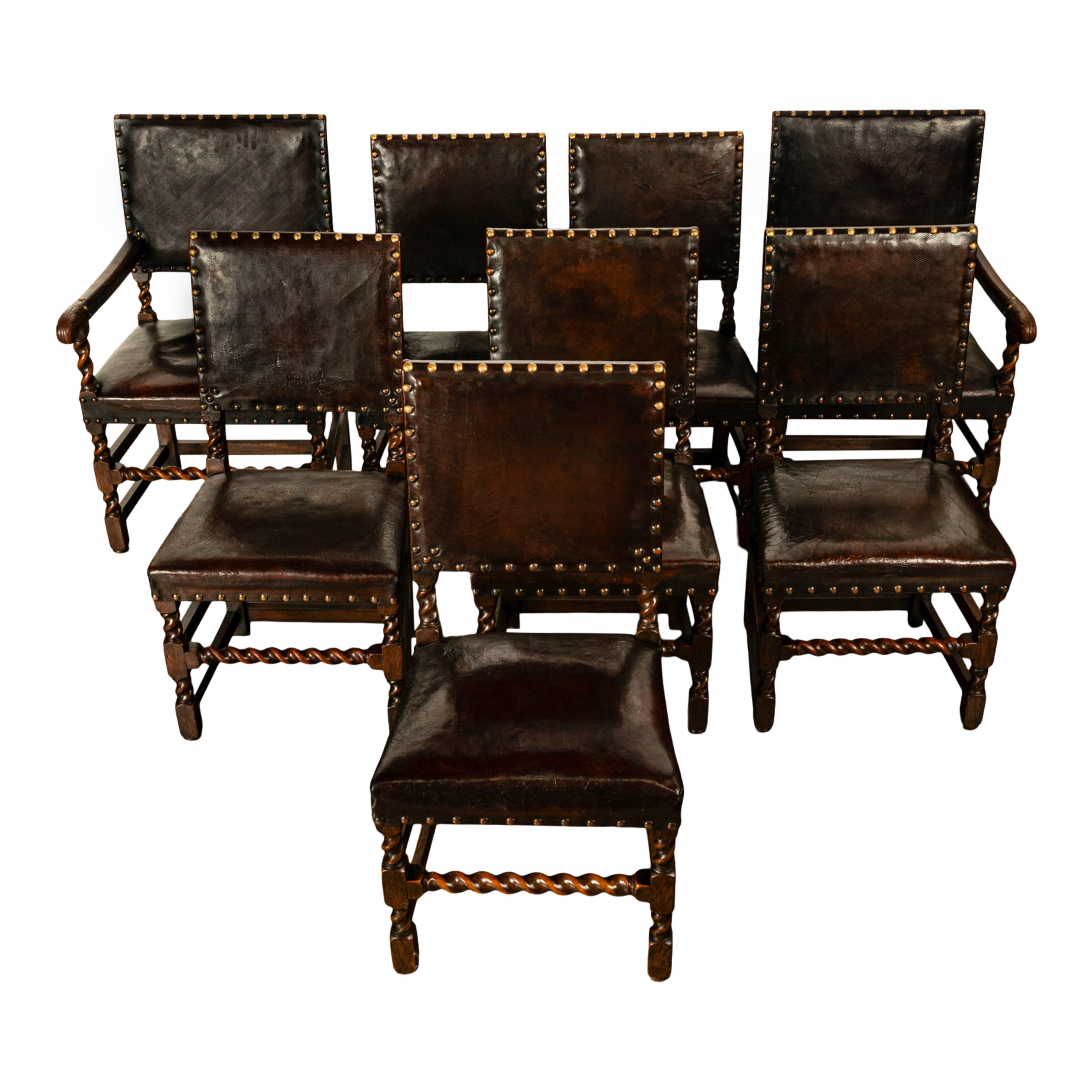 Antique Set 8 English Oak & Leather Barley Twist Baroque Dining Arm Chairs 1880 In Good Condition In Portland, OR