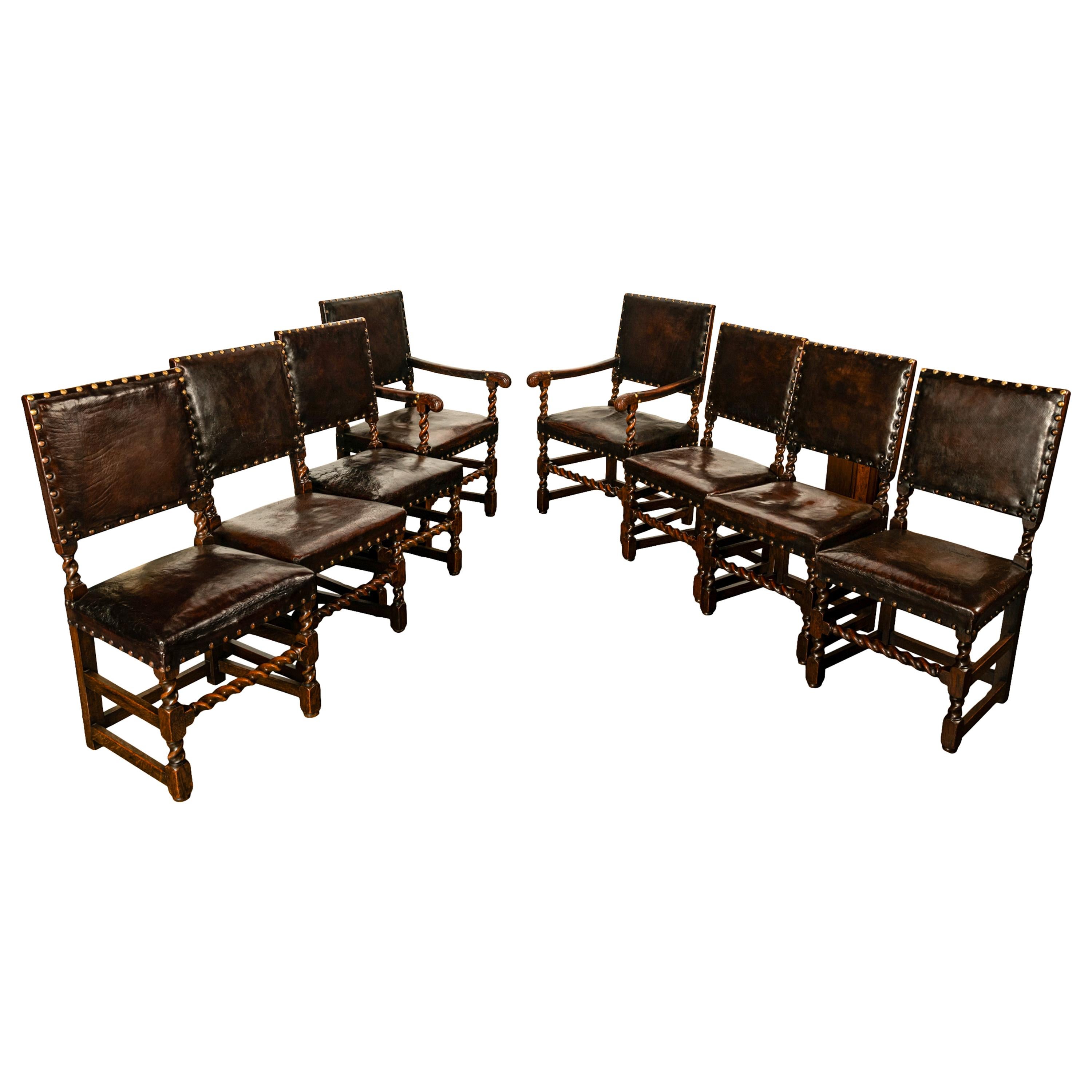 Late 19th Century Antique Set 8 English Oak & Leather Barley Twist Baroque Dining Arm Chairs 1880