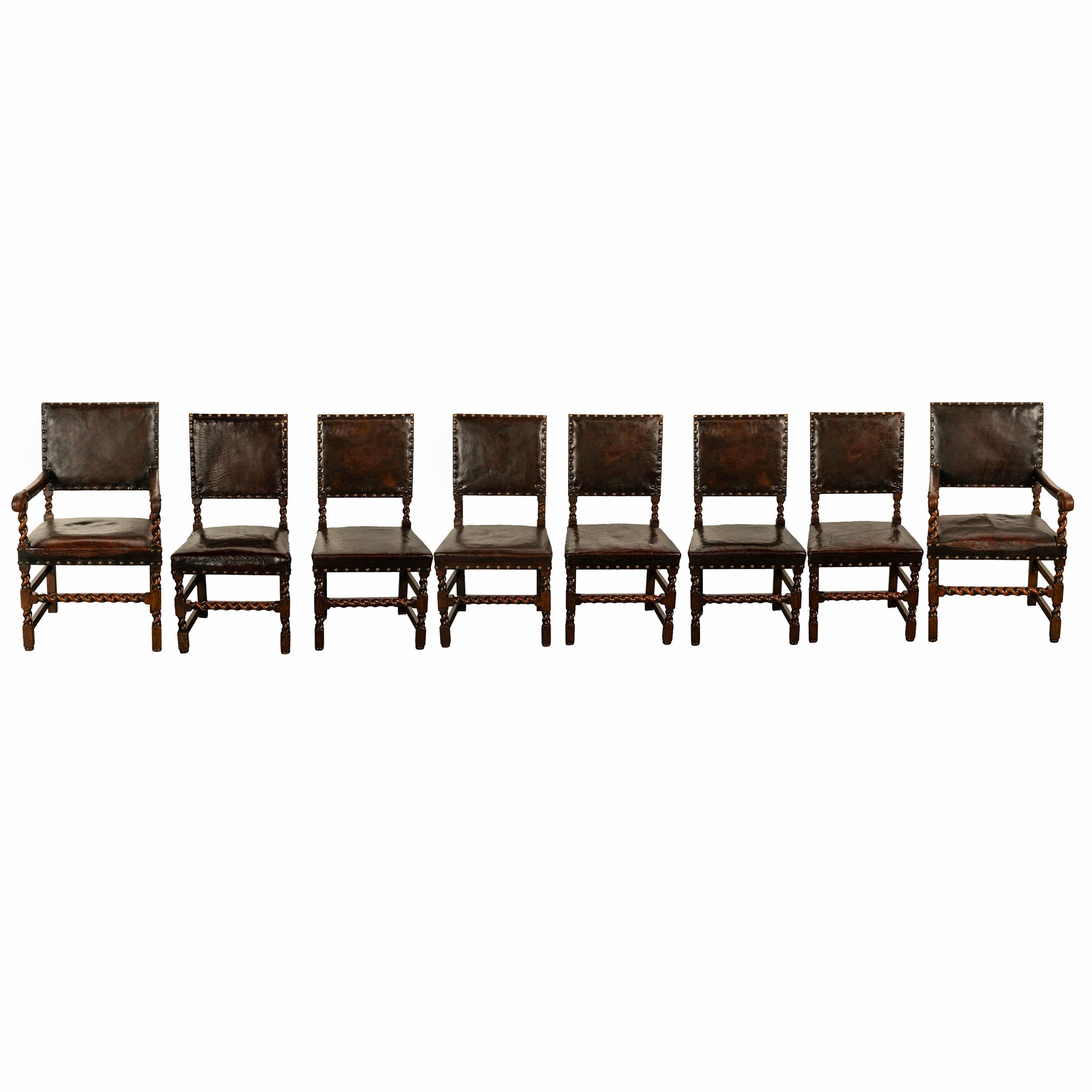Antique Set 8 English Oak & Leather Barley Twist Baroque Dining Arm Chairs 1880 1