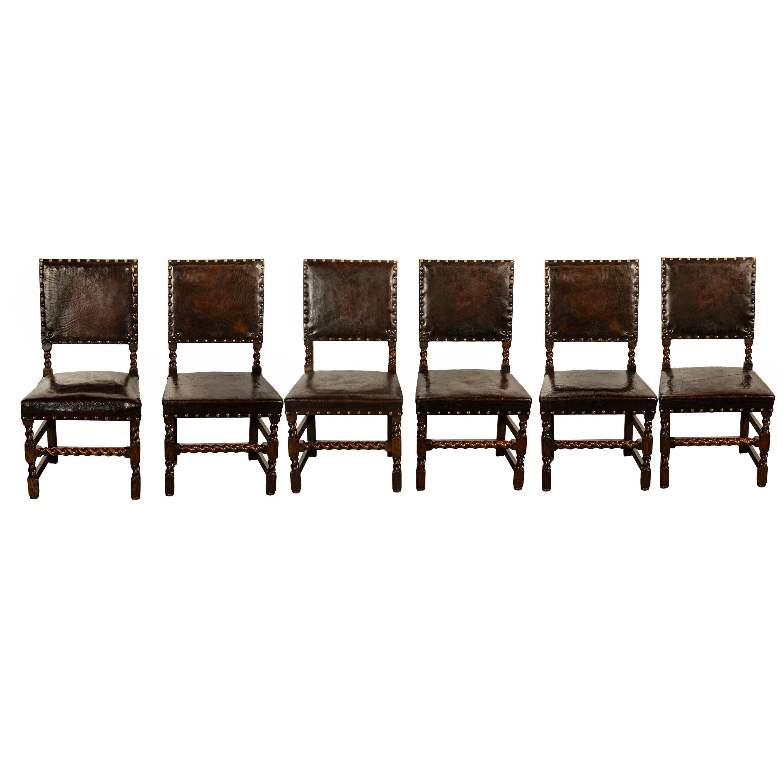 Antique Set 8 English Oak & Leather Barley Twist Baroque Dining Arm Chairs 1880 2