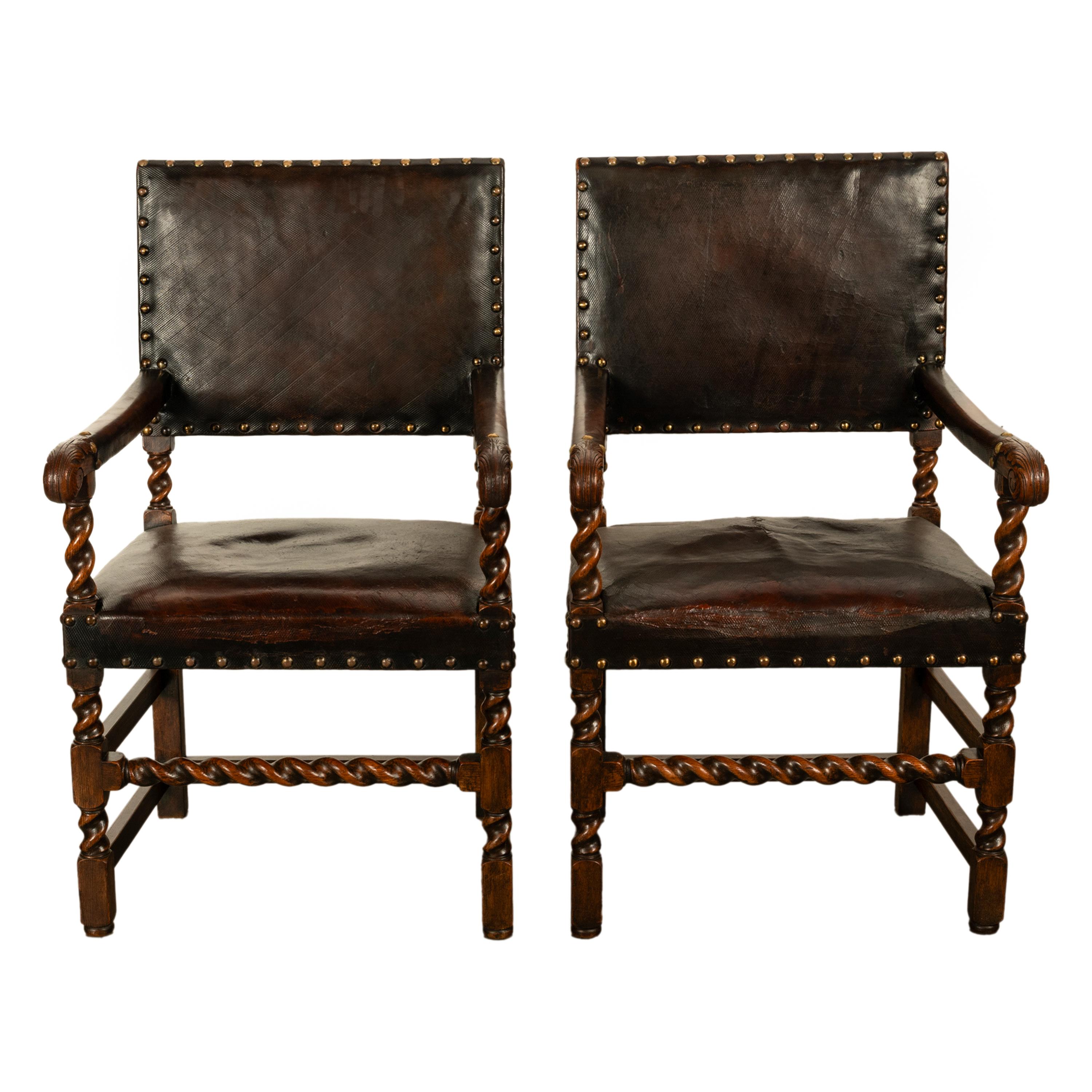 Antique Set 8 English Oak & Leather Barley Twist Baroque Dining Arm Chairs 1880 3