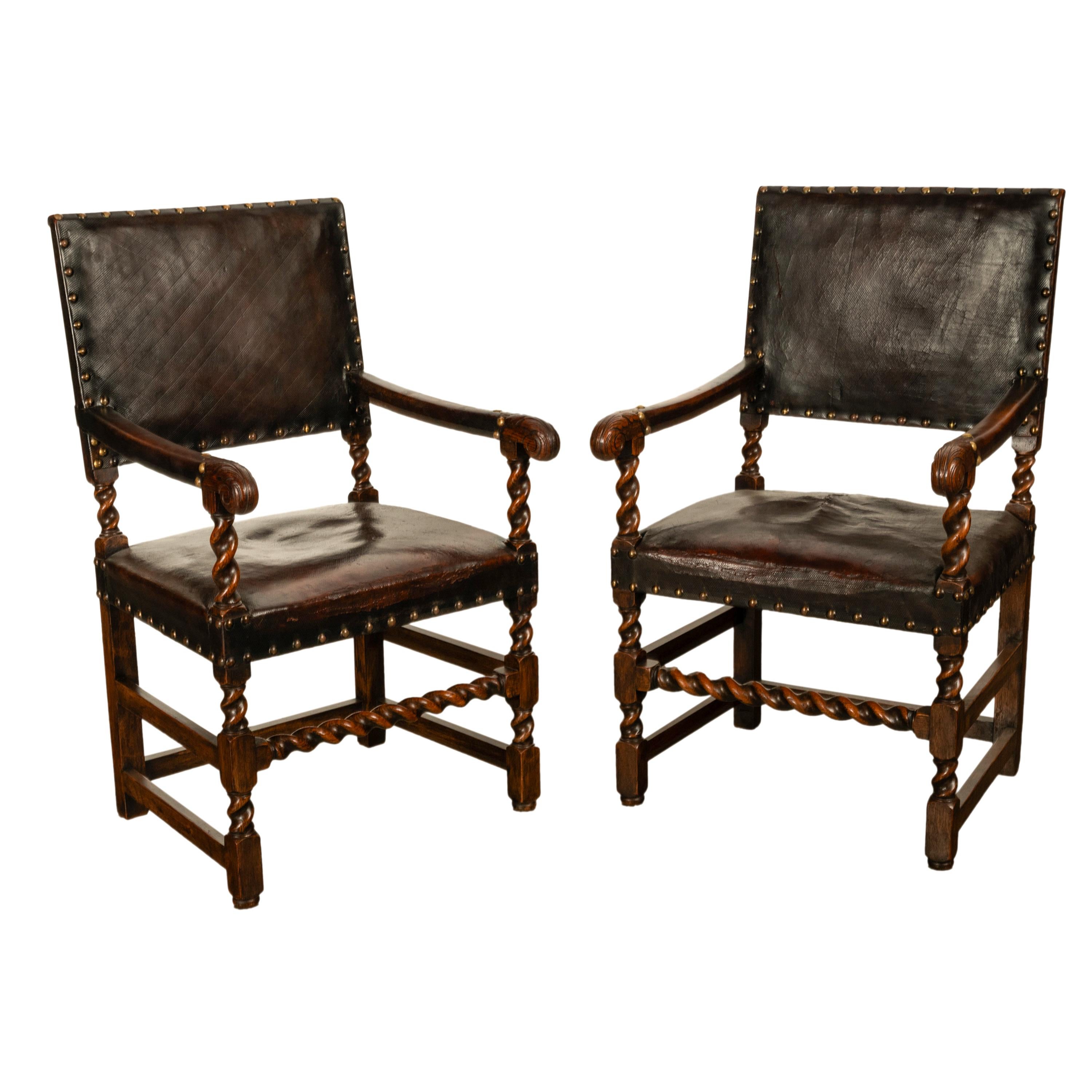 Antique Set 8 English Oak & Leather Barley Twist Baroque Dining Arm Chairs 1880 4