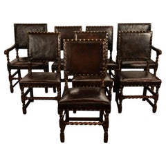 Antique Set 8 English Oak & Leather Barley Twist Baroque Dining Arm Chairs 1880