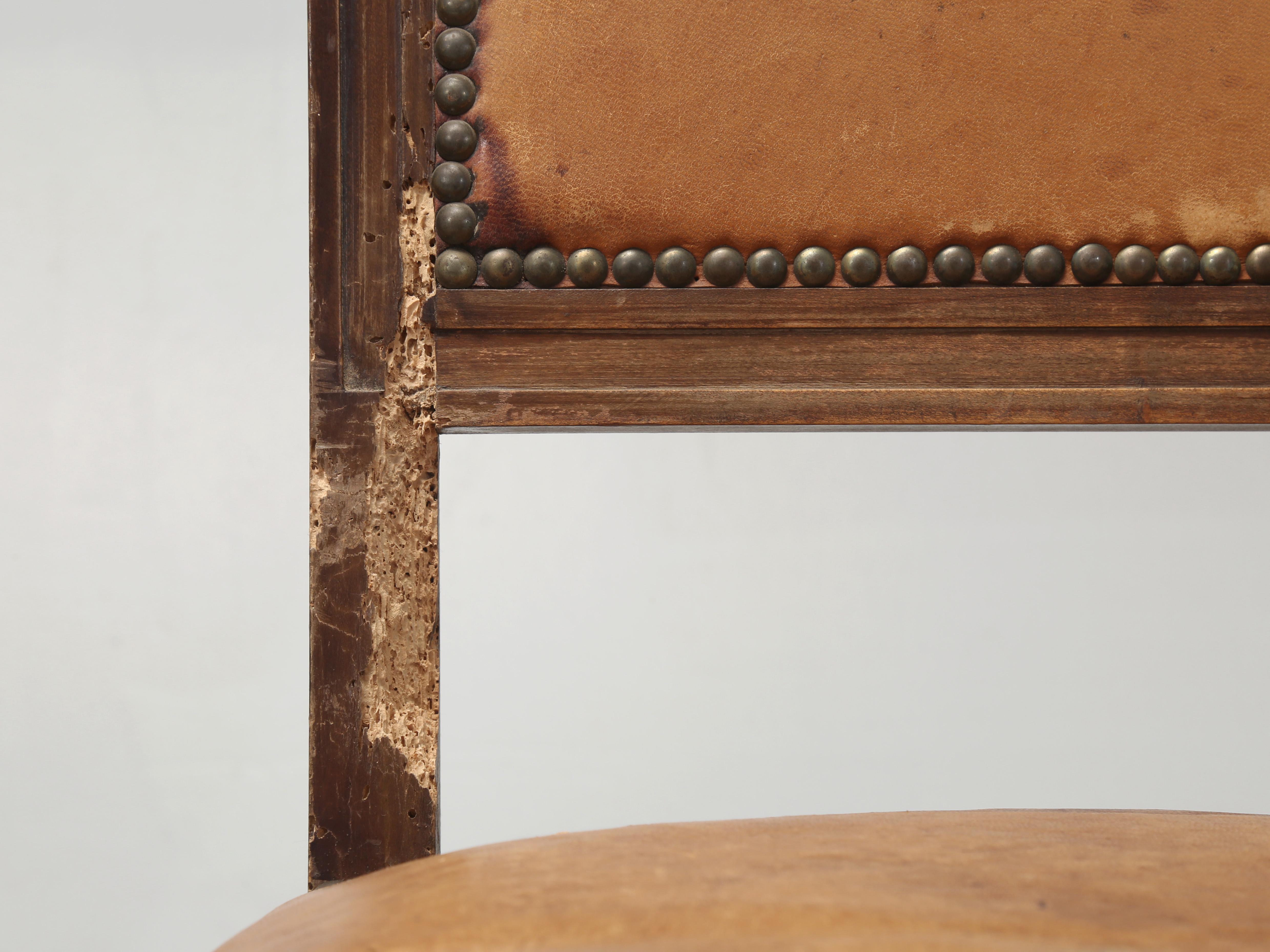 Antikes Set (8) Französische Esszimmerstühle im Louis-XVI.-Stil aus altem Leder, unrestauriert  (Frühes 20. Jahrhundert) im Angebot