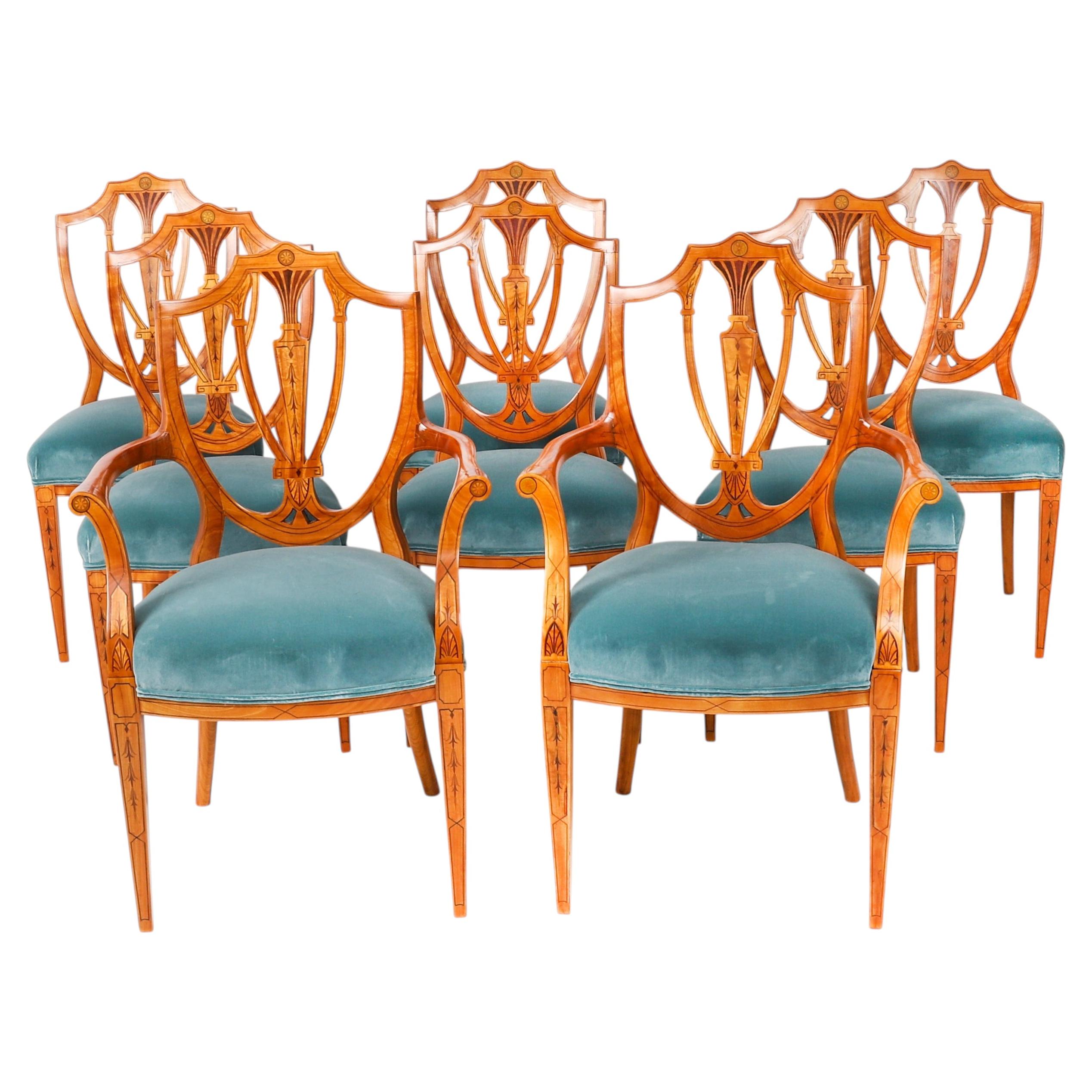 Antique Set 8 Shield back Satinwood Dining Chairs Cowtan & Sons 19th Century