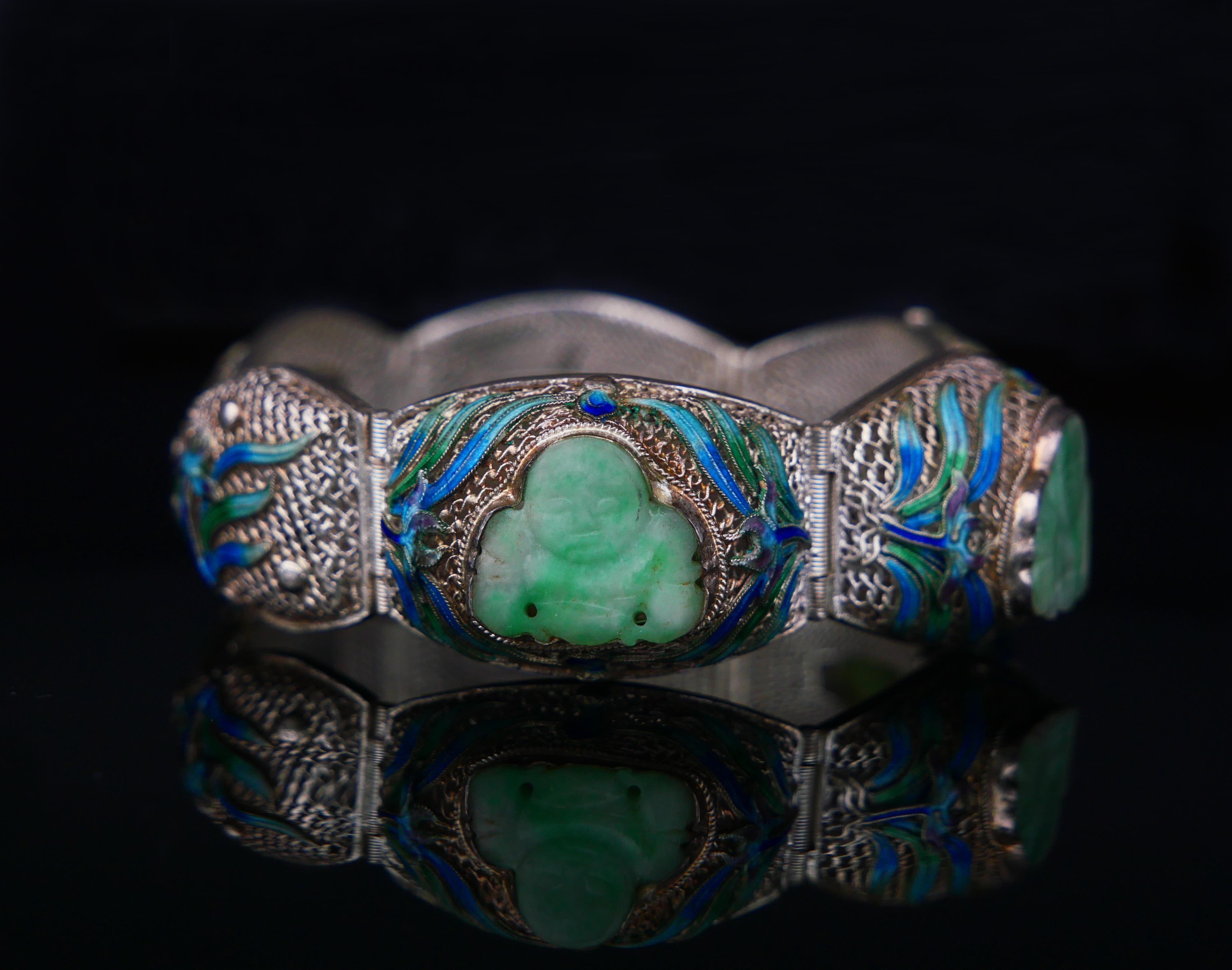 Bracciale Buddha Set antico Anello smalto naturale di giada argento massiccio 17,5 cm/ 48 gr in vendita 6