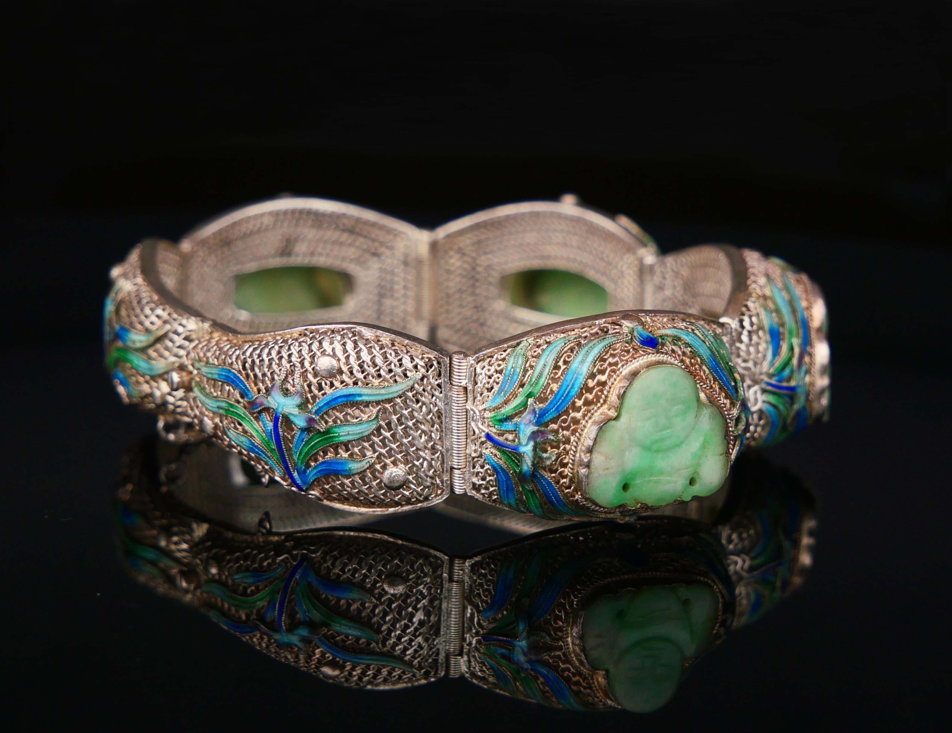 Bracciale Buddha Set antico Anello smalto naturale di giada argento massiccio 17,5 cm/ 48 gr in vendita 7