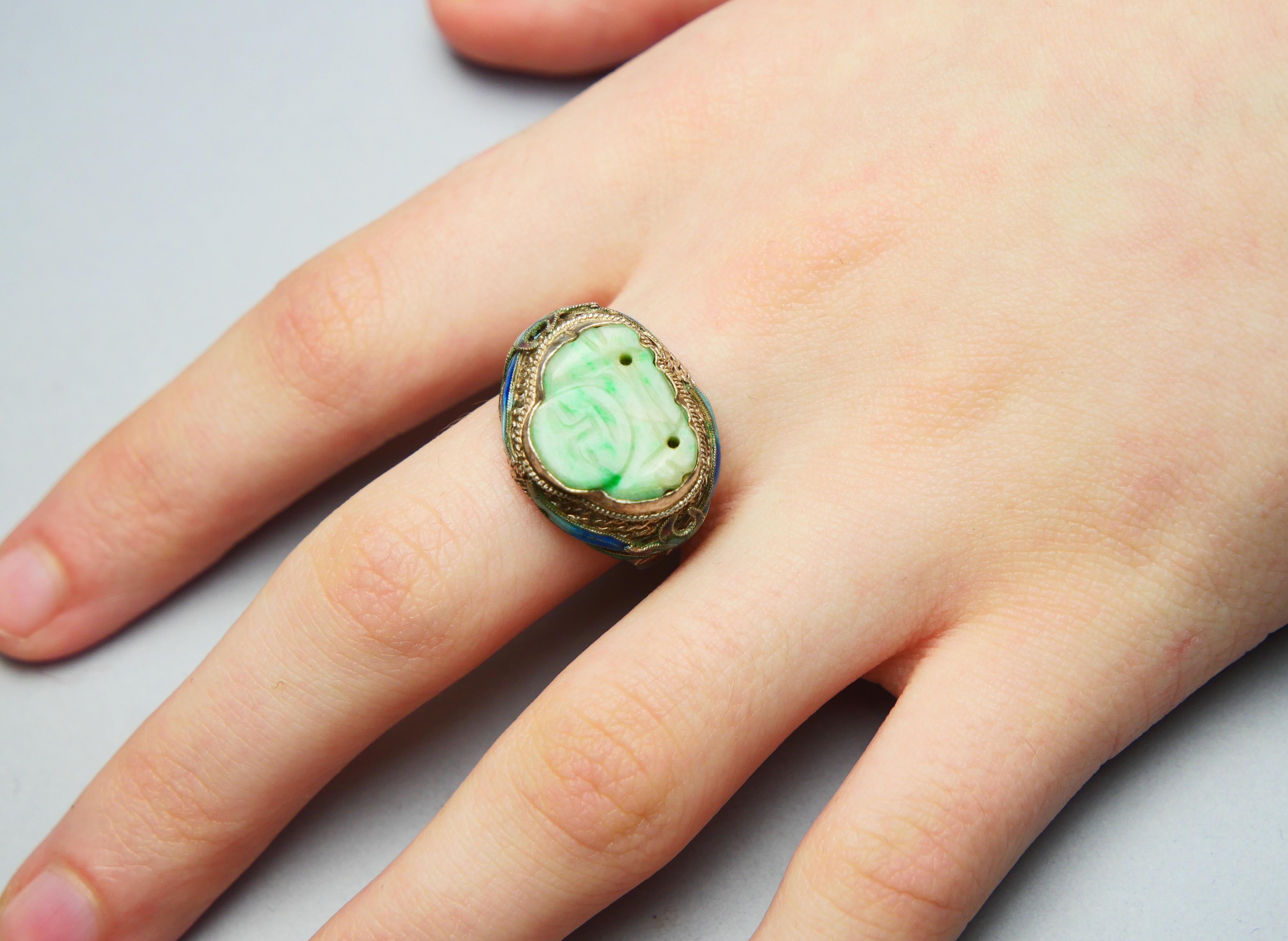 Bracciale Buddha Set antico Anello smalto naturale di giada argento massiccio 17,5 cm/ 48 gr in vendita 11