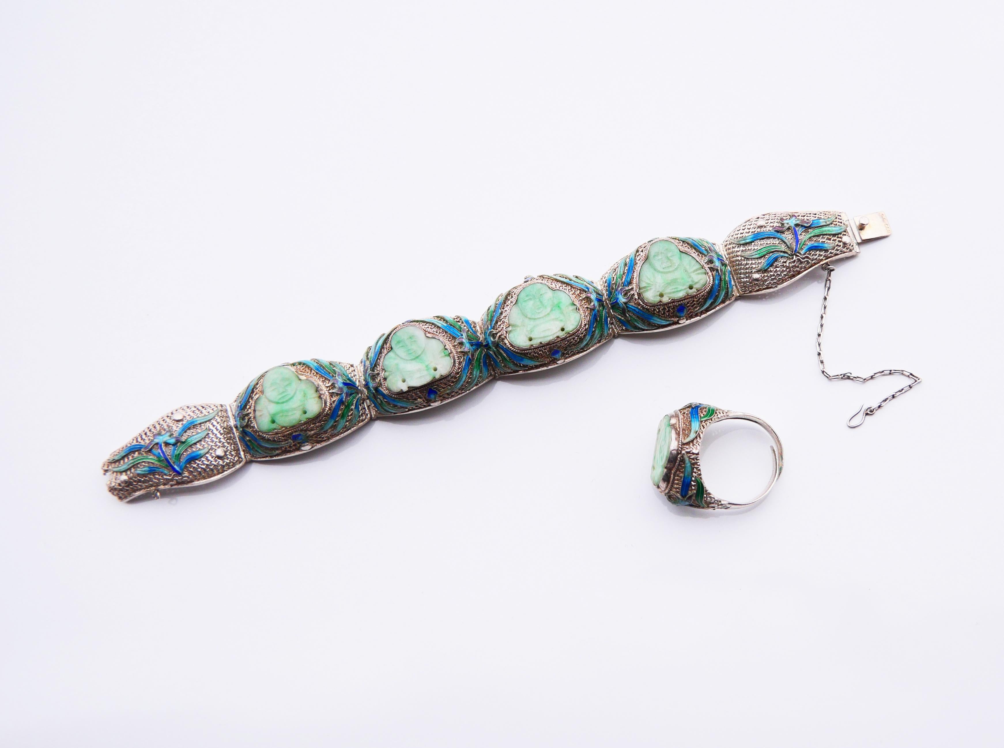 Arts and Crafts Bracciale Buddha Set antico Anello smalto naturale di giada argento massiccio 17,5 cm/ 48 gr in vendita