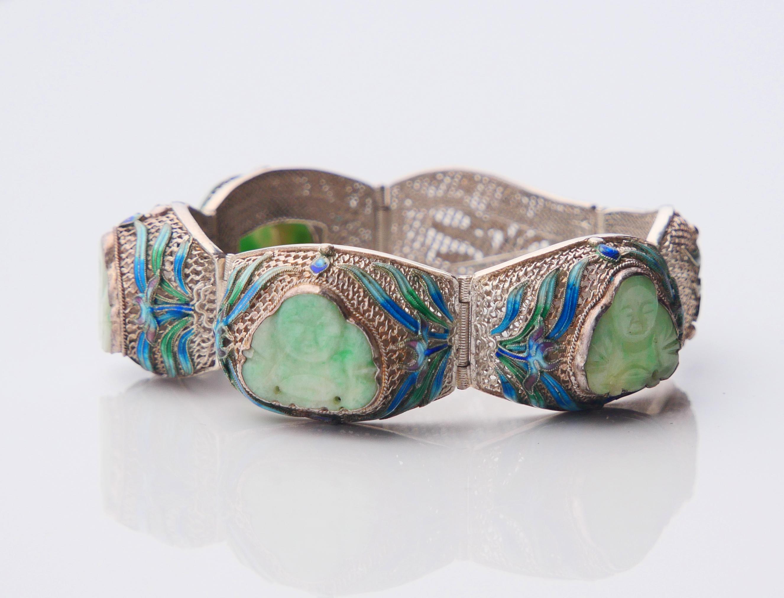 Donna Bracciale Buddha Set antico Anello smalto naturale di giada argento massiccio 17,5 cm/ 48 gr in vendita