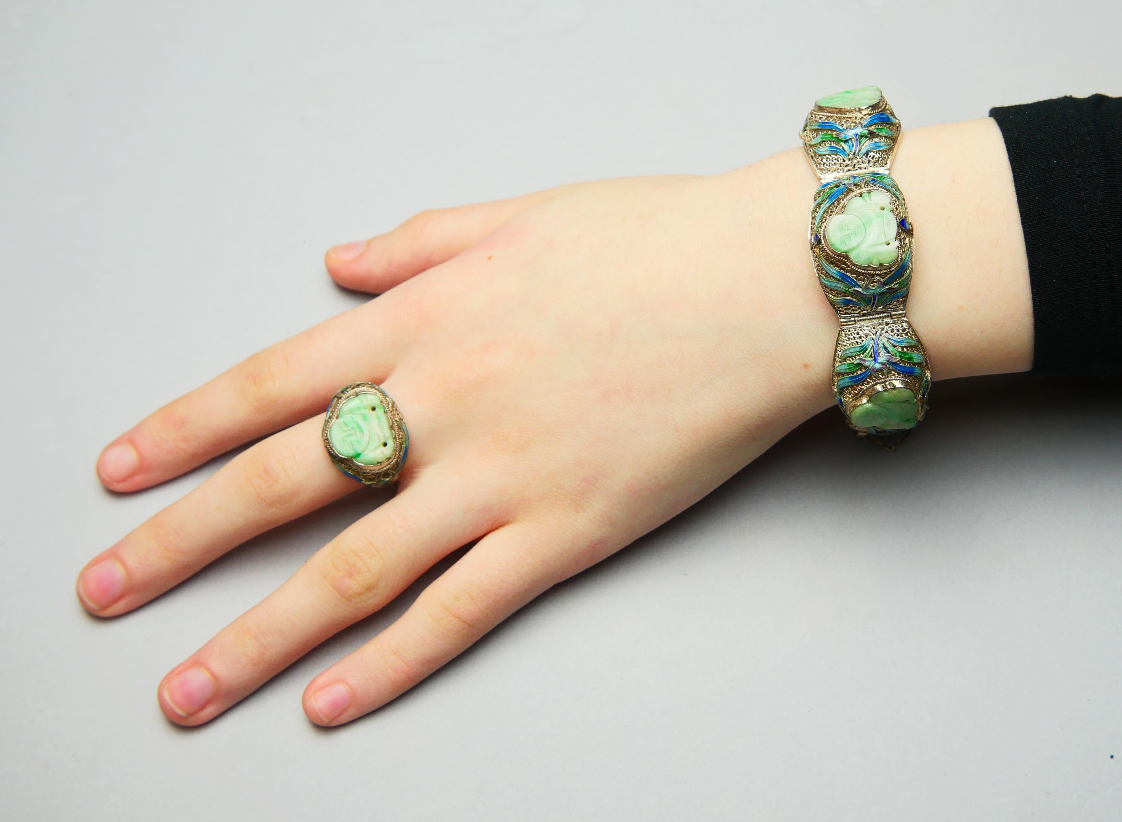 Bracciale Buddha Set antico Anello smalto naturale di giada argento massiccio 17,5 cm/ 48 gr in vendita 1