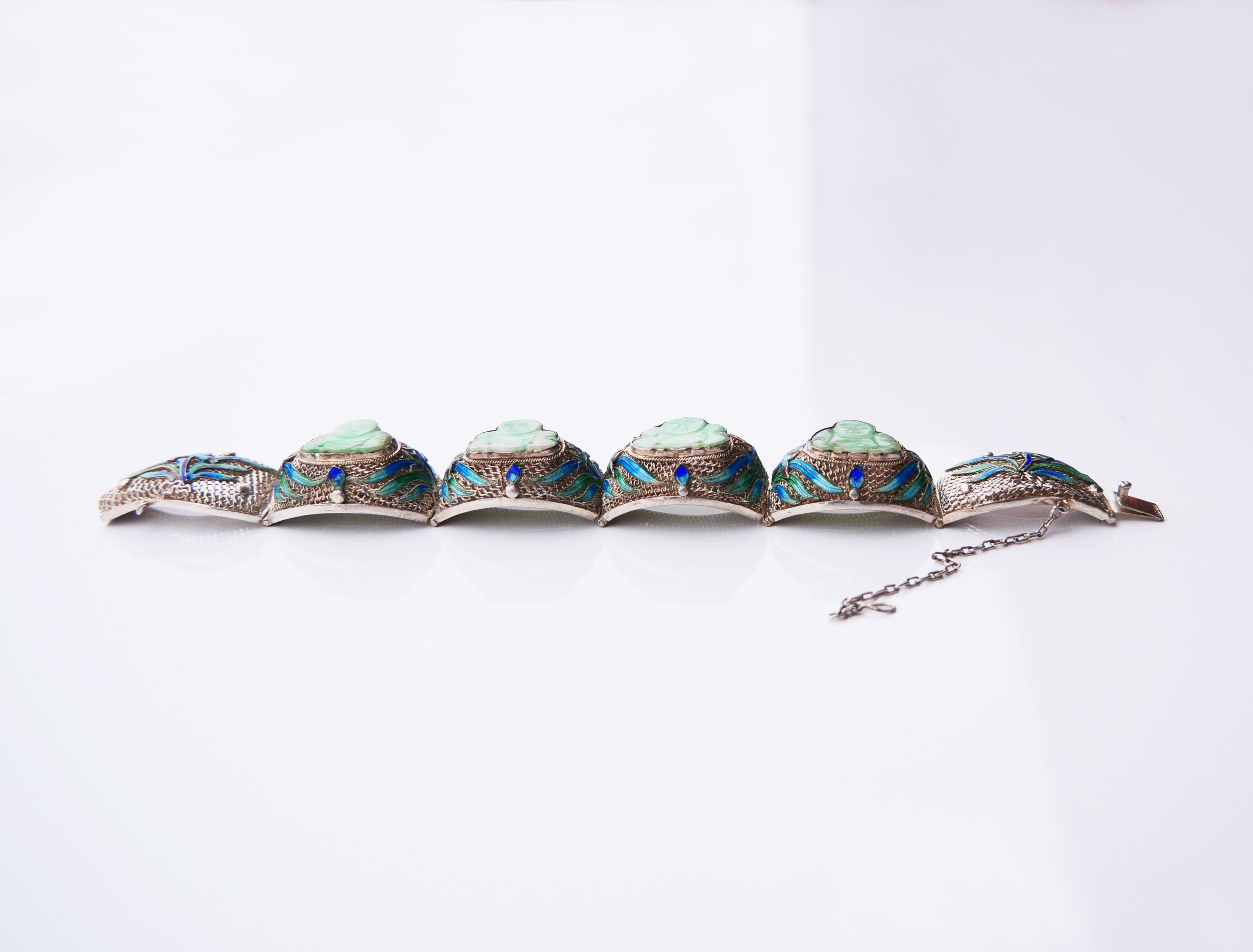 Bracciale Buddha Set antico Anello smalto naturale di giada argento massiccio 17,5 cm/ 48 gr in vendita 2