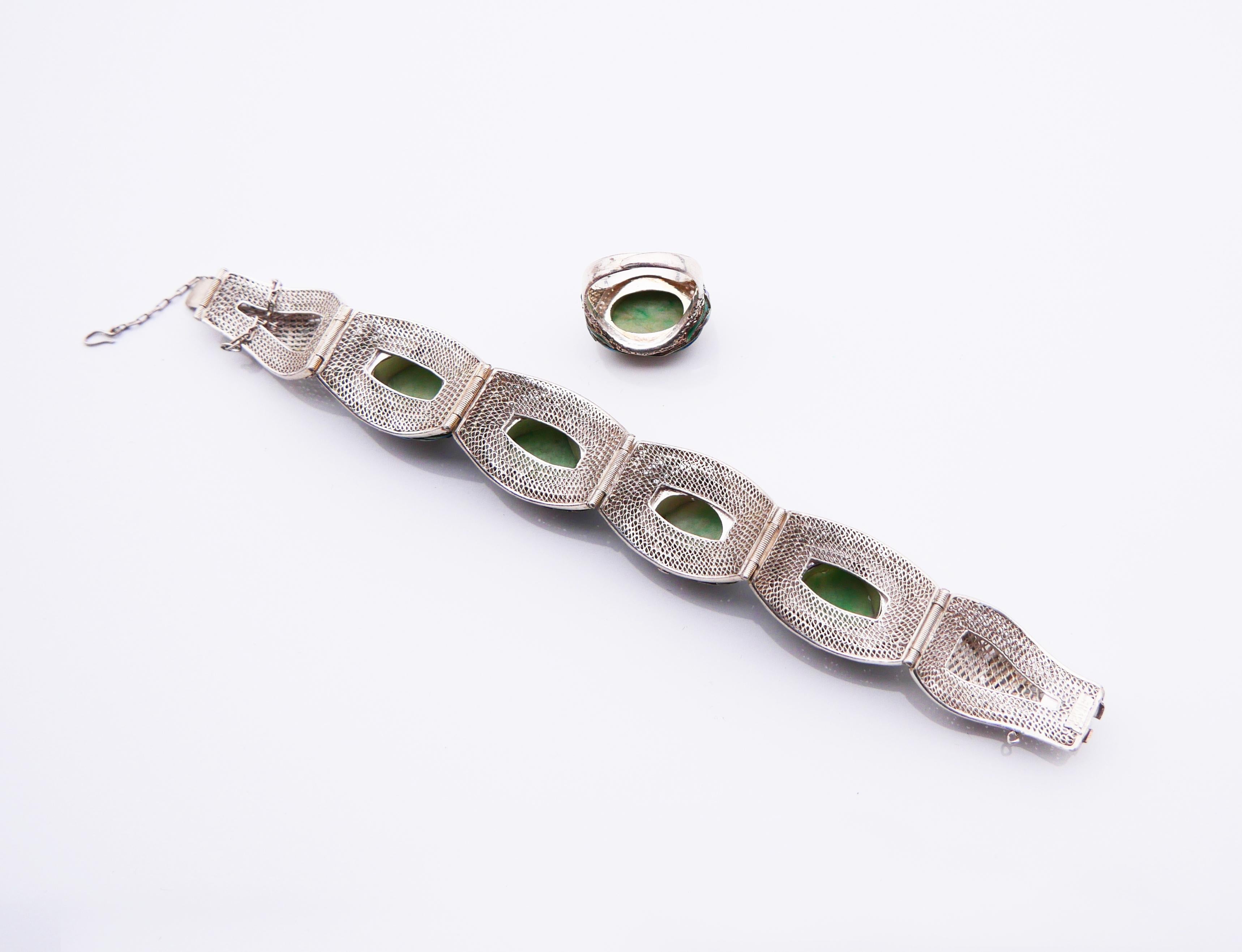 Bracciale Buddha Set antico Anello smalto naturale di giada argento massiccio 17,5 cm/ 48 gr in vendita 3