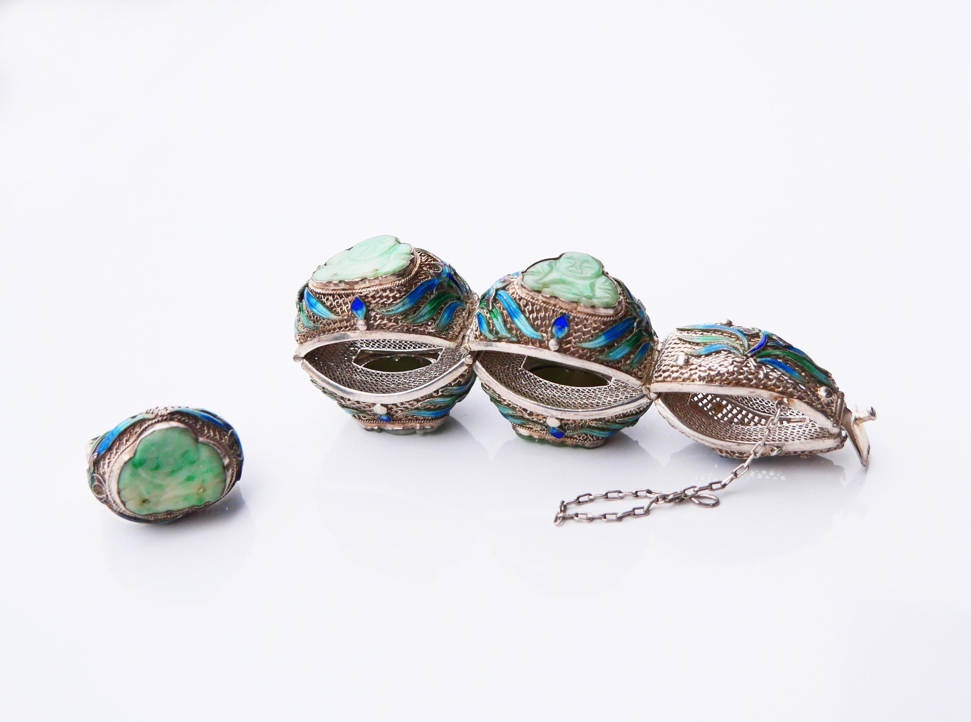 Bracciale Buddha Set antico Anello smalto naturale di giada argento massiccio 17,5 cm/ 48 gr in vendita 4