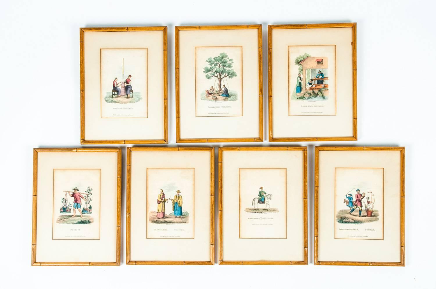 Antique Set Chinoiserie Prints in Bamboo Framed 8